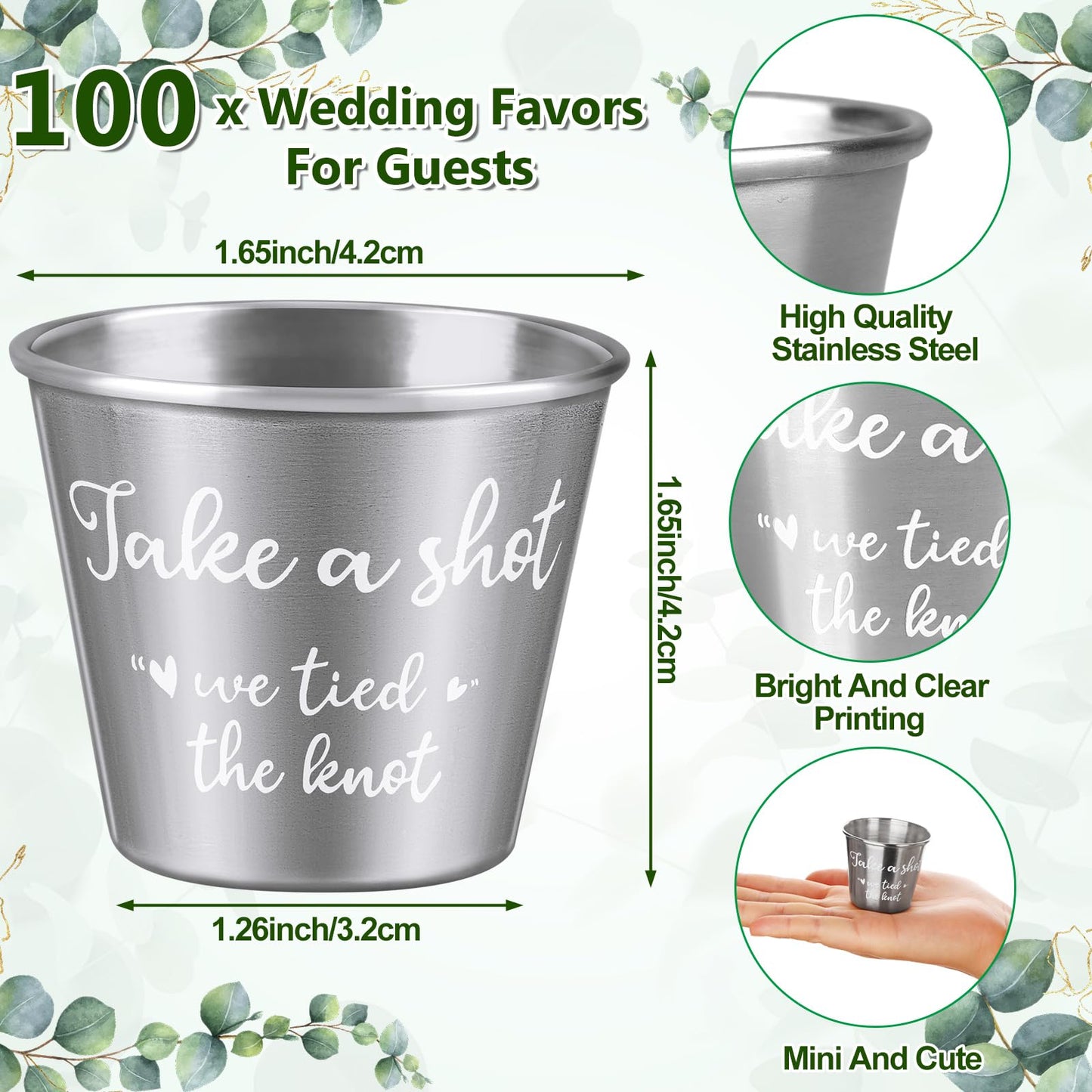 CoscosX 100 Set Wedding Favors for Guests Bulk Includes 1.5 oz Stainless Steel Shot Glasses, Thank You Cards with Organza Bags for Guest wedding Favors Set for Wedding Newlyweds Bridal Shower Gifts