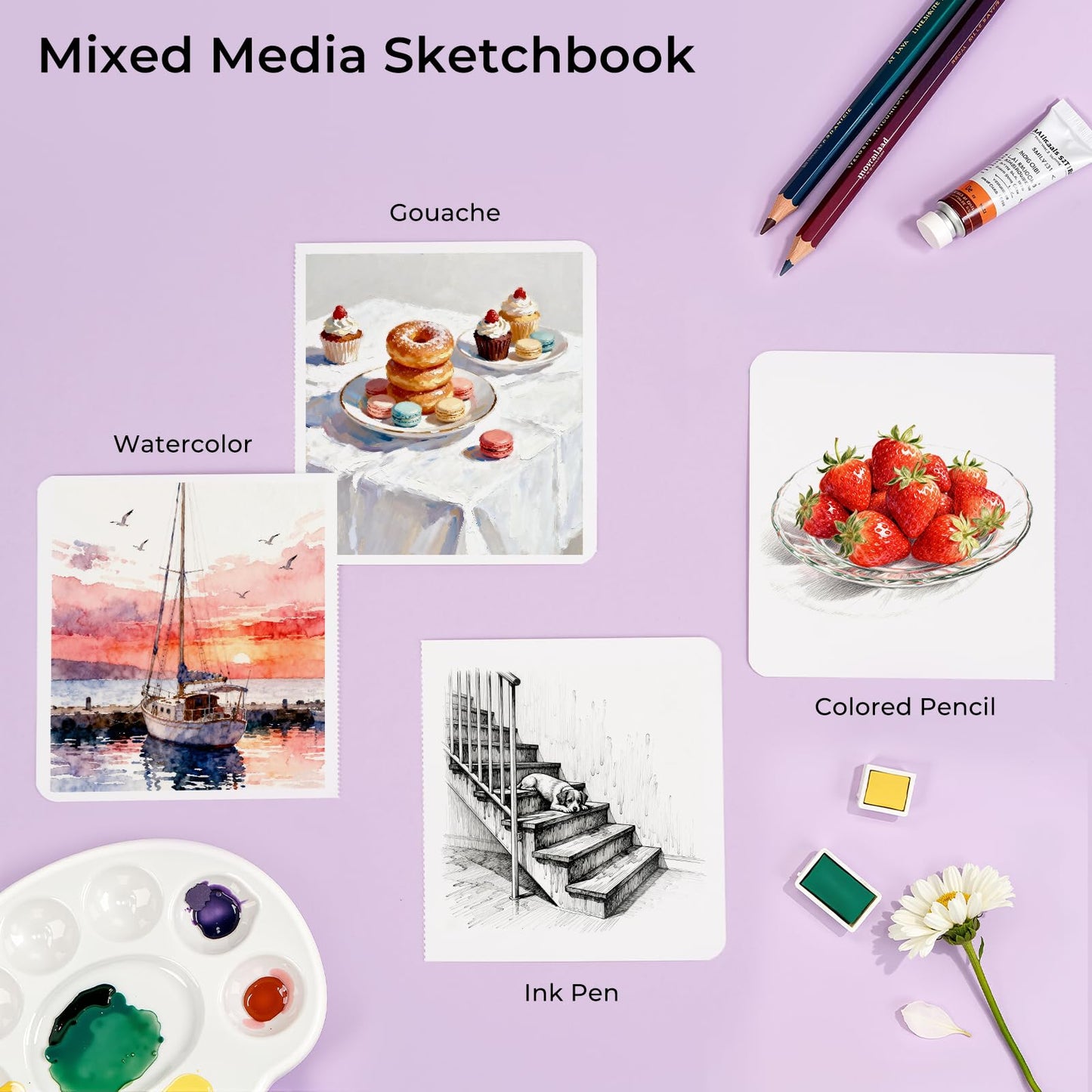 Paul Rubens Square Watercolor Journal 2 Pack 40 Sheets, 100% Cotton Acid-Free Hot Press Watercolor Sketchbook 7.48 * 7.48 Inches, 140lb/300gsm for Watercolors, Gouache, Acrylics