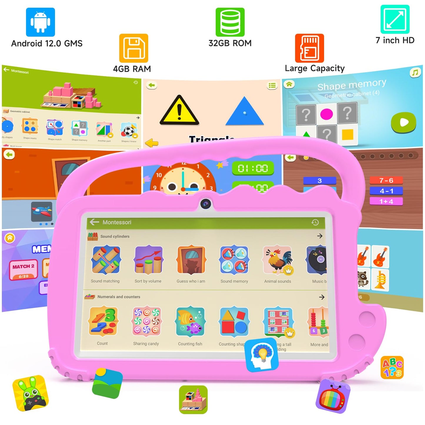 YQSAVIOR Kids Tablet, 7inch 4 GB RAM | Android 12 | 32GB ROM | Bluetooth, IPS Screen, Parental Control, Dual Camera, Shockproof Case | Educational, Games, Pink Case
