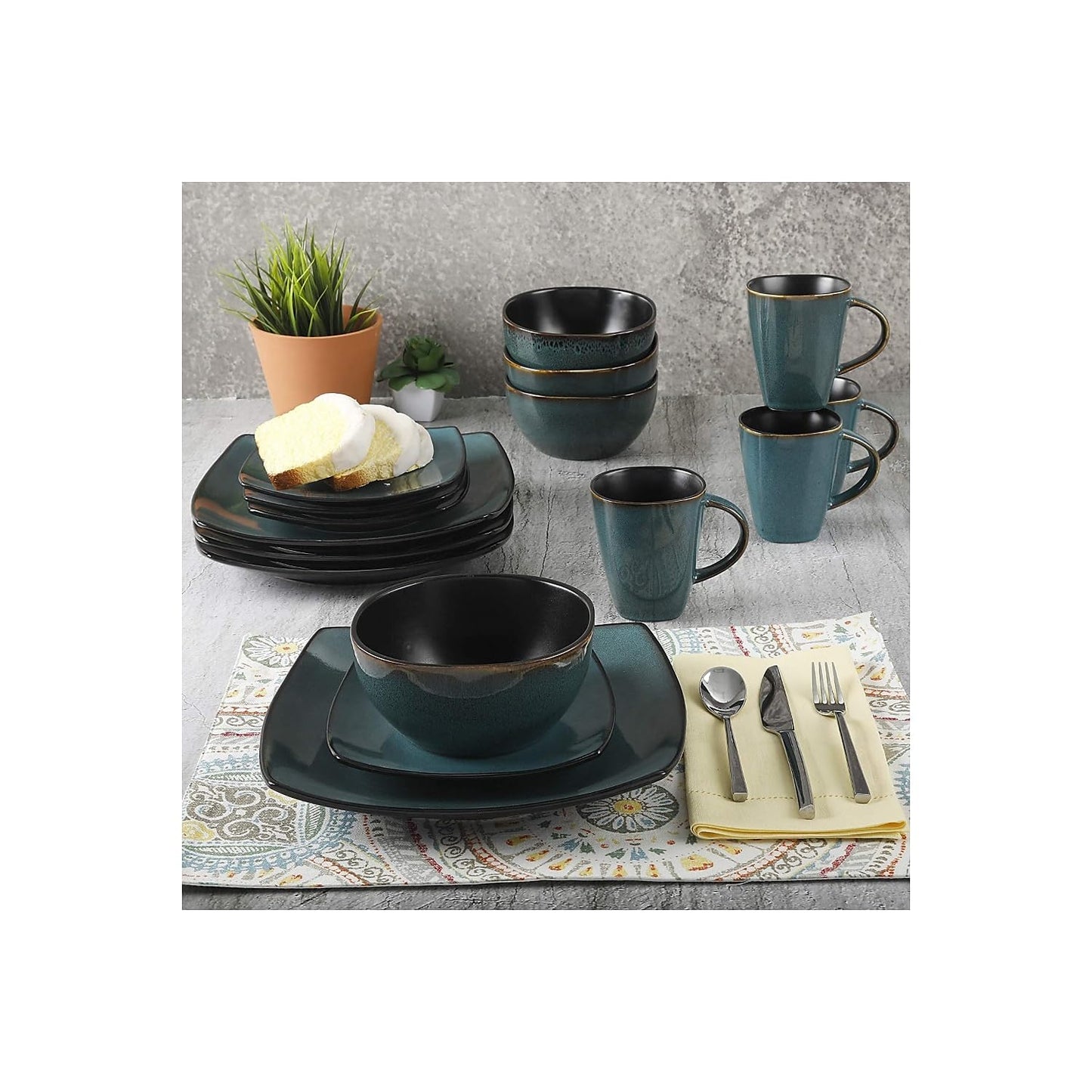 Gibson Elite Soho Lounge 16 Piece Reactive Glaze Dinnerware Set, Soft Square, Teal Green, Service for 4 (16pc)