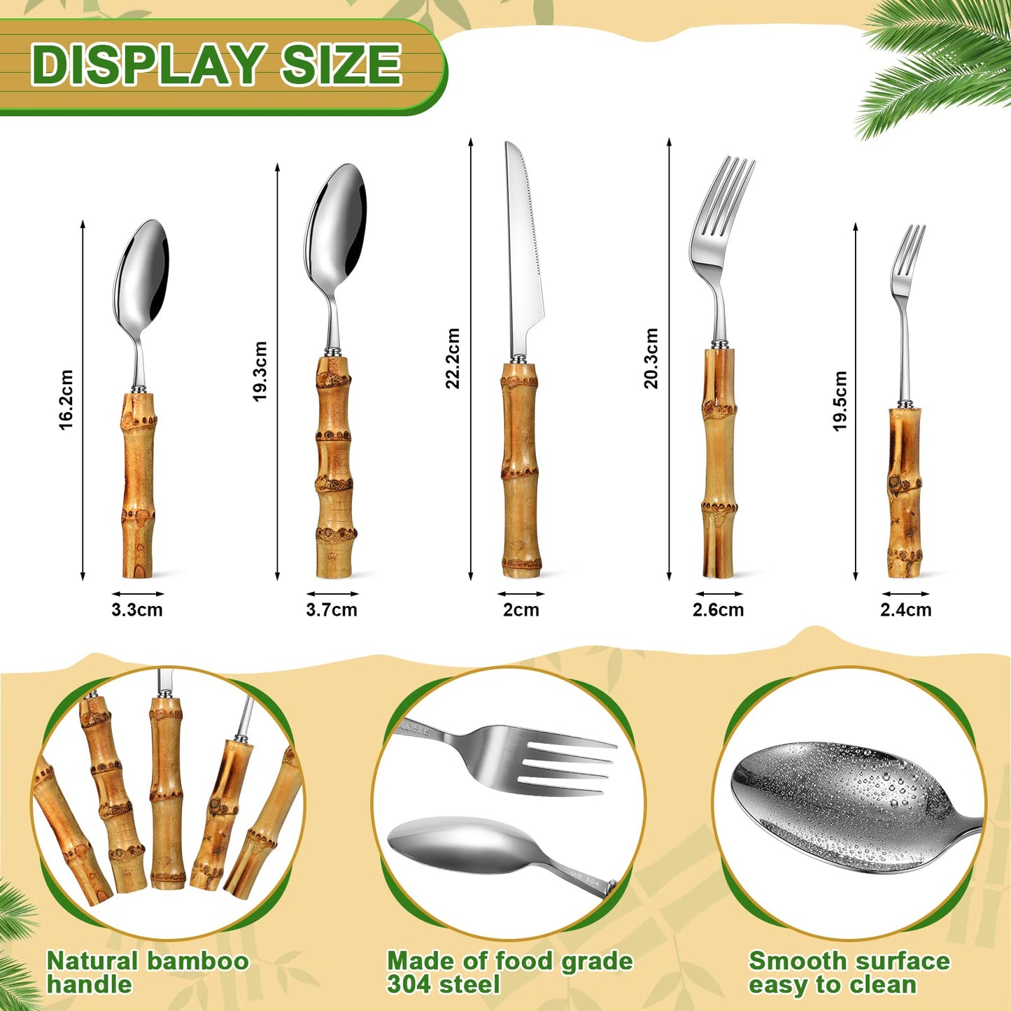 Eboot Bamboo Silverware Set 18/8 Stainless Steel Tableware Set Natural Utensil Flatware Kit Spoon Fork Knives Bamboo Handle Cutlery for Kitchen Wedding Home Restaurant Party(Silver,60 Pieces)