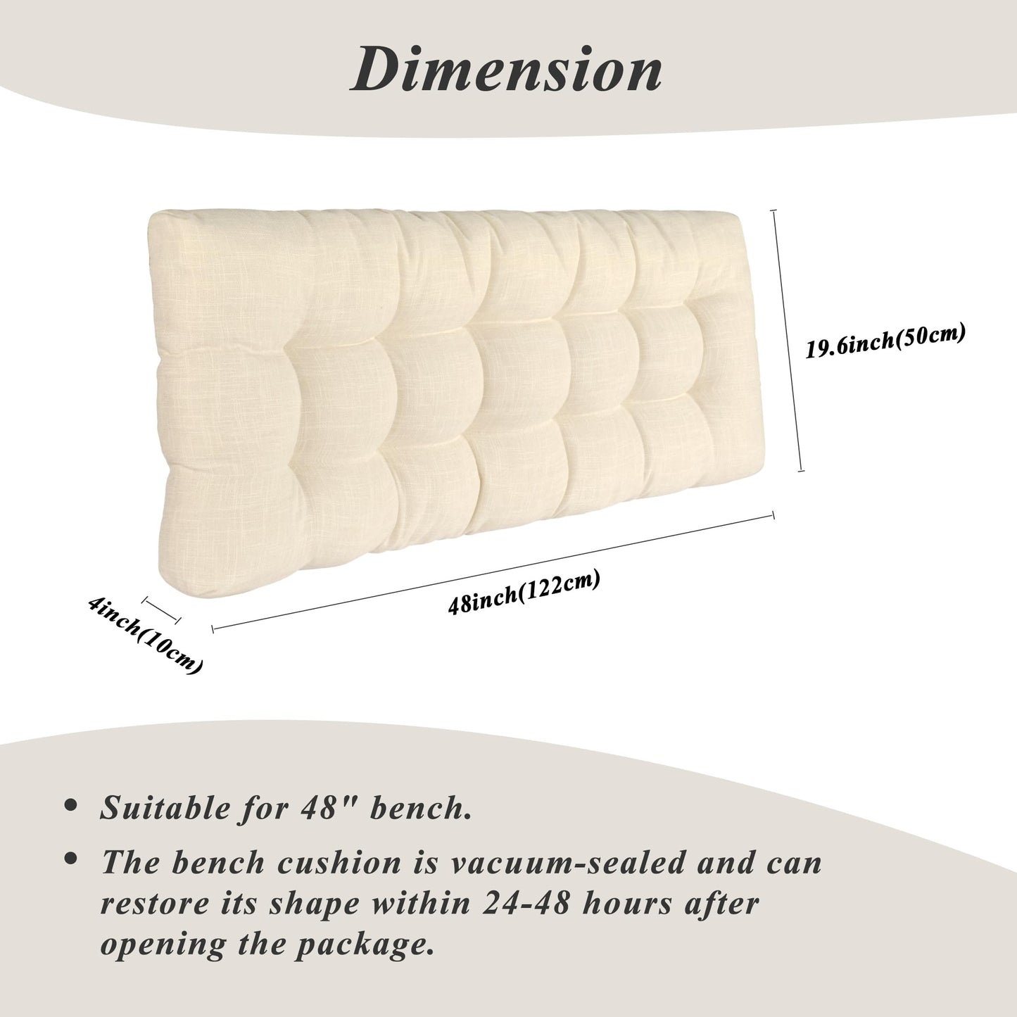 FlyGulls Bench Cushion for Indoor Furniture 48 x 19 inch Rectangle Bench Seat Cushion for Bay Window Entryway Bench Thick Textured Chair Cushion with Non-Slip Backing 1 Pack, Beige