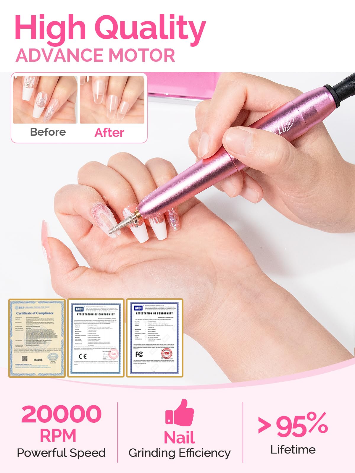 20000RPM Electric Nail Drill Portable Nail File Drill Set for Acrylic Gel Nails, Professional Nail Drill Machine for Nail Polish Remover with the Function of Storing Manicure Accessories，Purple