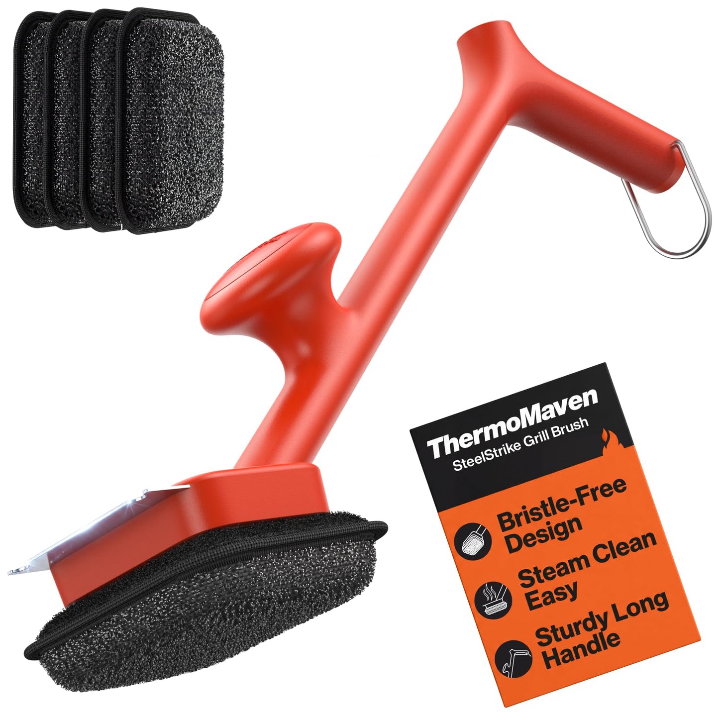 ThermoMaven BBQ Grill Brush Bristle Free - 17" Safe Steam Grill Cleaner Brush with Scraper and 5 Brush Heads for Porcelain/Gas/Charcoal Grill Outdoor Grill Barbecue Cleaner