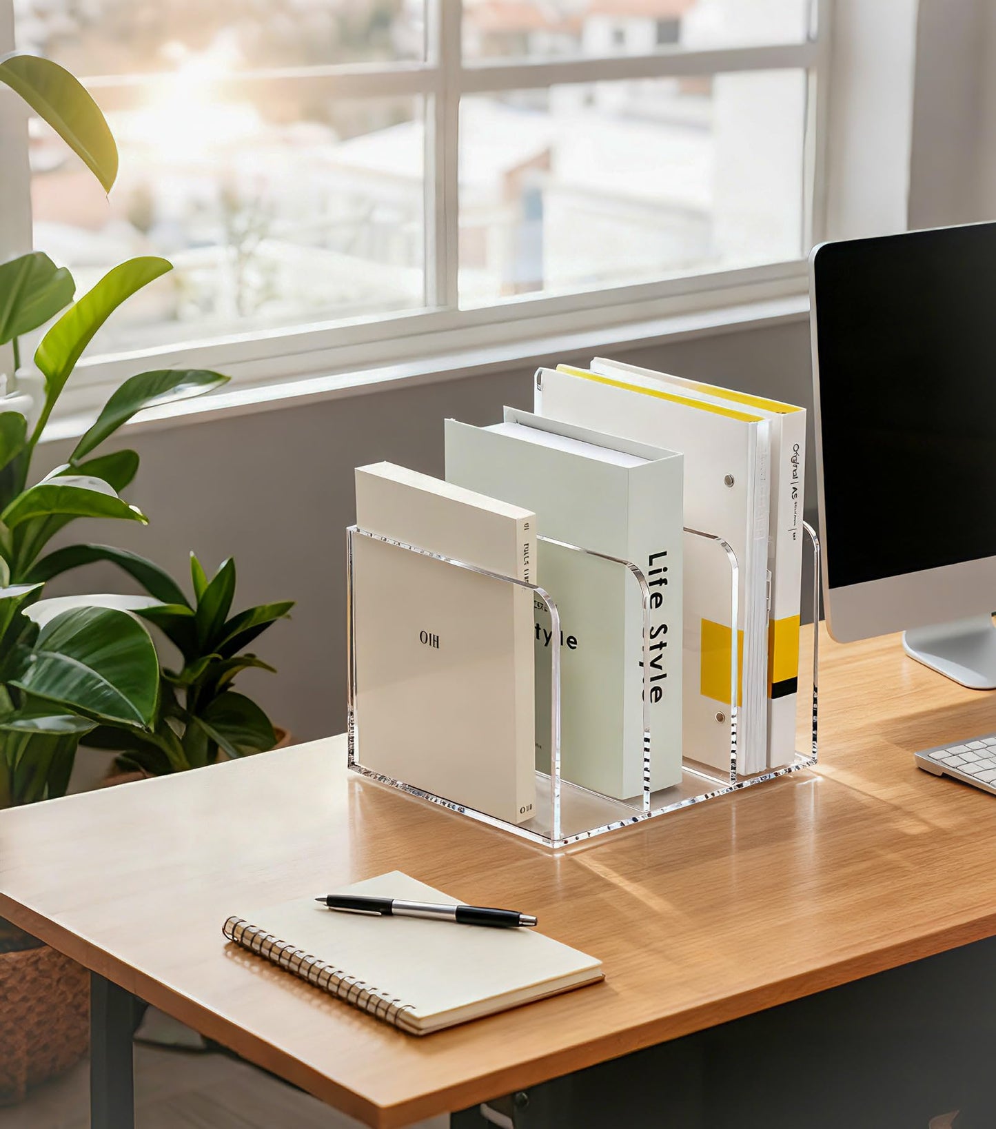 SANRUI Clear Acrylic File Organizer - 3 Compartments Magazine Holder, Vertical File Sorter for Home Office/Classroom/Dorm, Non-Slip Desk File Rack, No Assembly Required, B5 Size