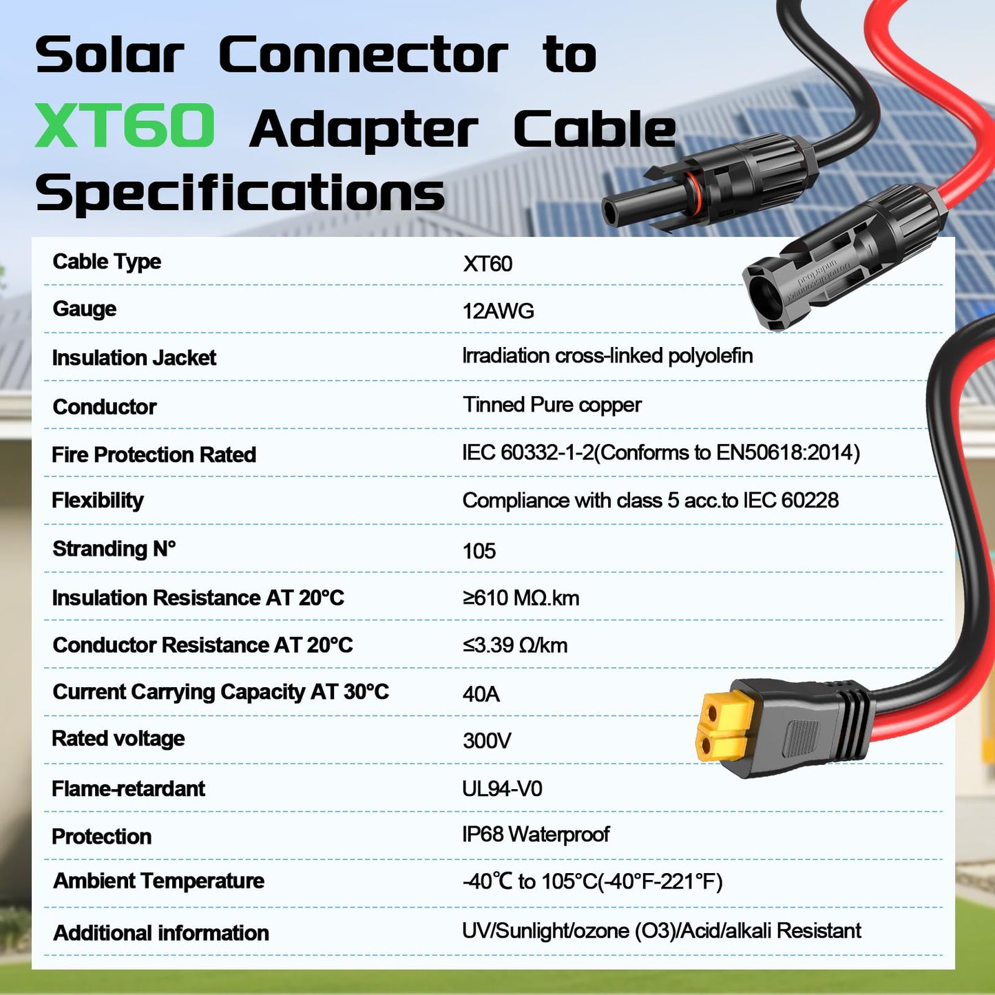 Bateria Power Solar to XT60 Charge Extension Cable with Solar Connectors Caps, Combined Wire Solar Connector to XT60 Adapter Cable for Solar Panel to Battery RV Power Station Generator 10AWG 50FT