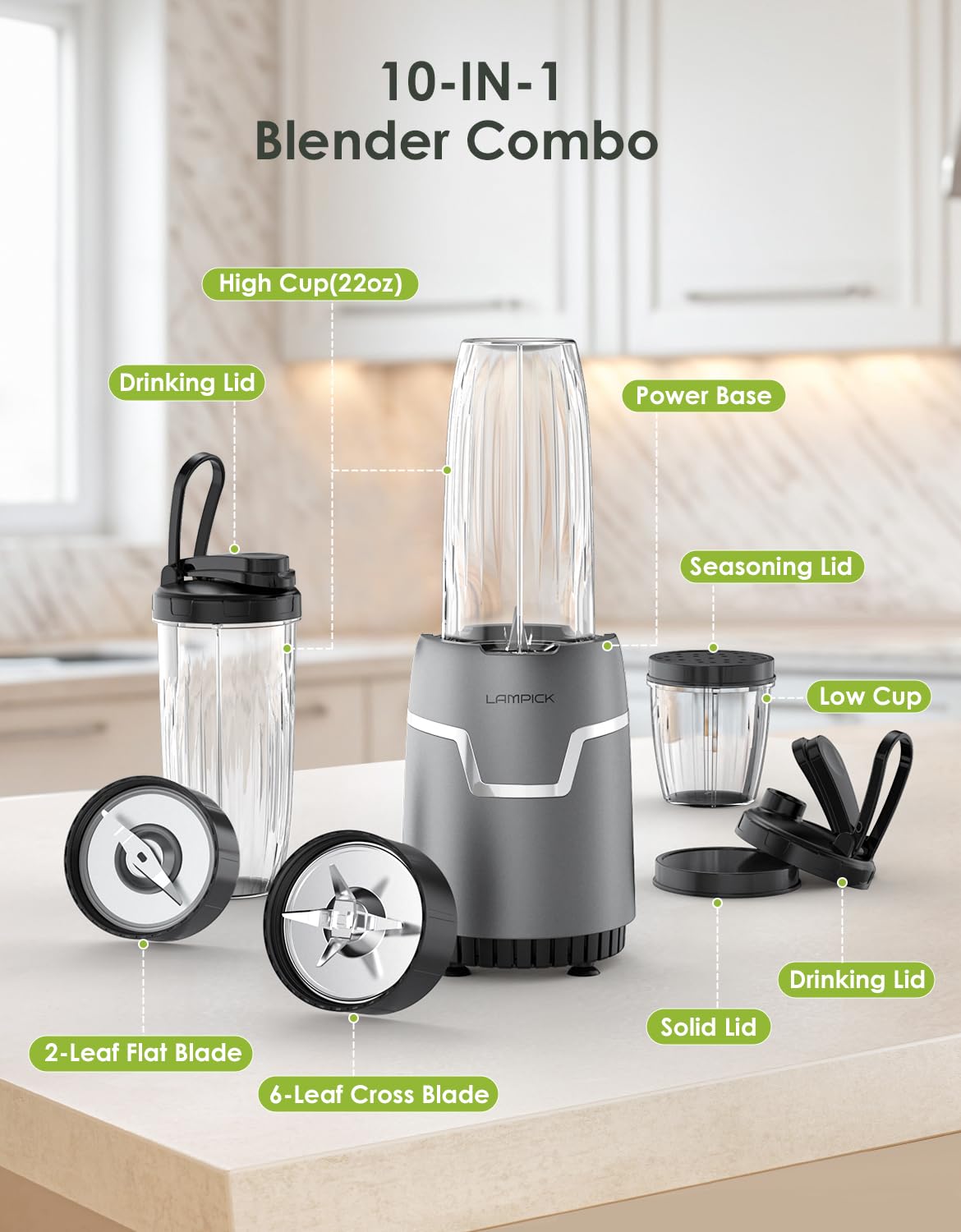 LAMPICK Smoothie Blender, 1100W Personal Blender for Shakes and Smoothies, Blenders and Grinder Combo for Kitchen with 2 * 22 Oz To-Go Cup and Lid for Protein Shake, Baby Food, Frozen Drink