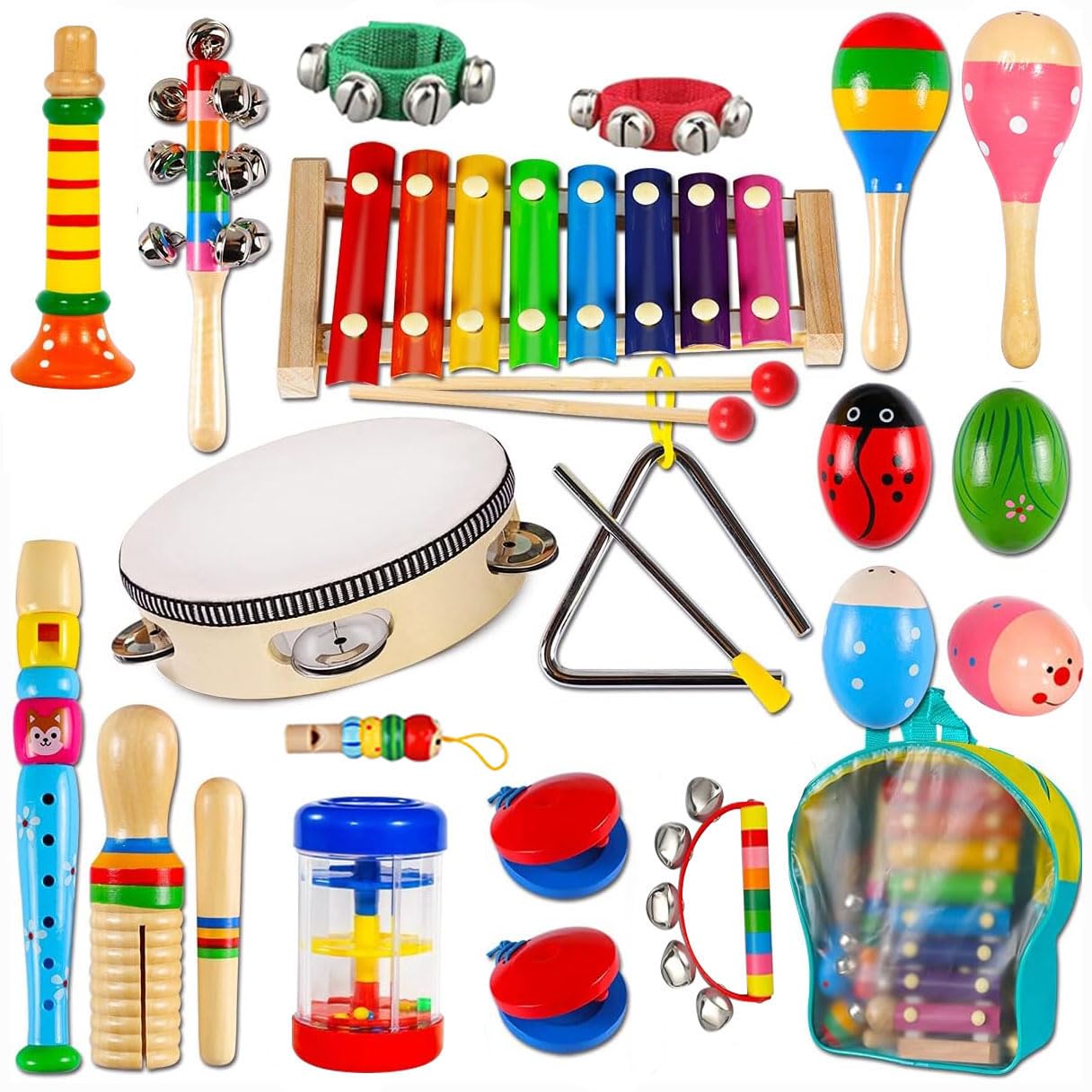 INLAIER - Children's musical instruments, wooden percussion instruments, tambourine, xylophone, children's toys, preschool education, early learning, musical toy for children and