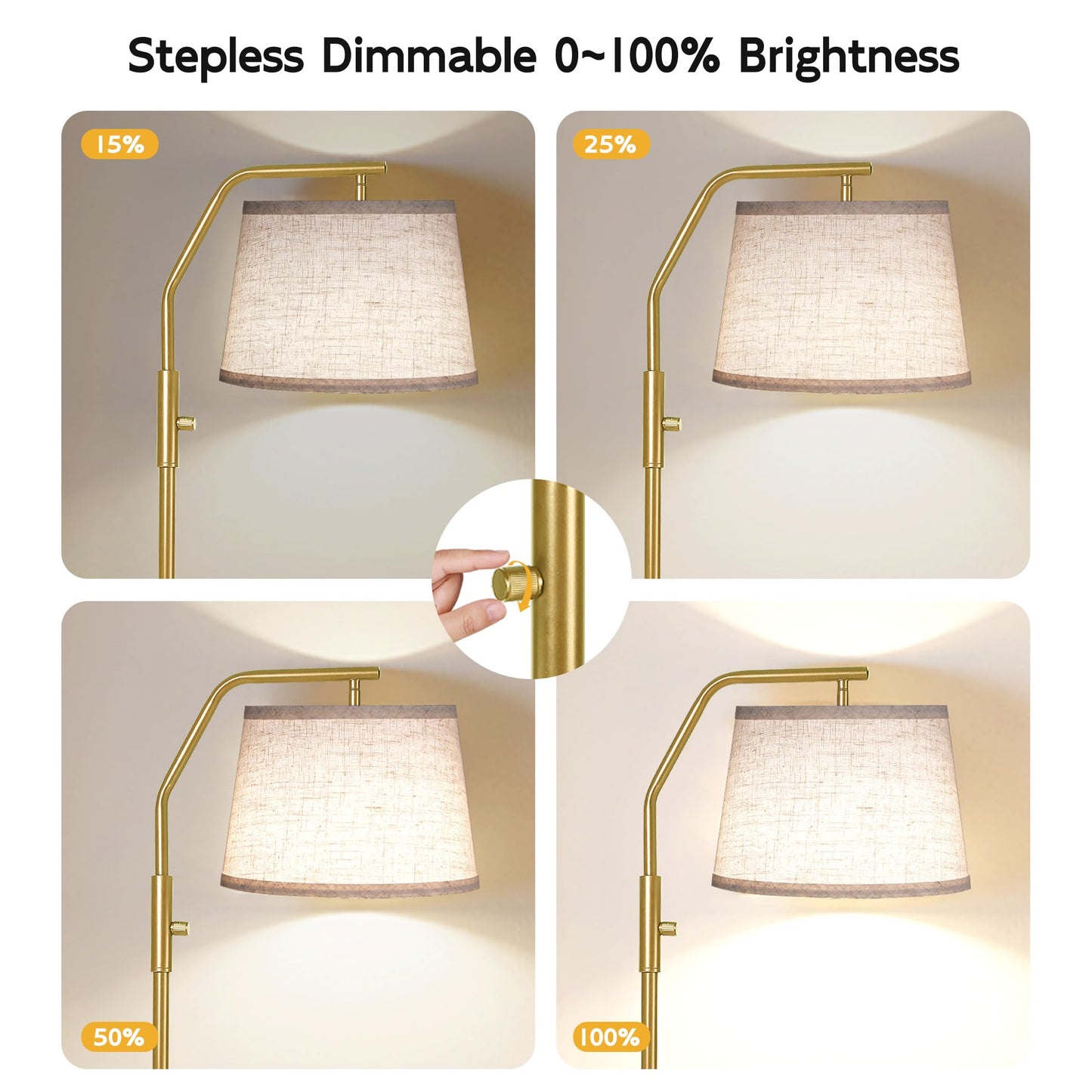 SUNMORY Floor Lamps for Living Room, 9W Bulb Included, Lamp for Bedroom with Adjust Head, Standing Lamp with Rotary Switch, 0-100% Dimmable Floor Lamp for Living Room Bedroom Office Nursery, Gold.