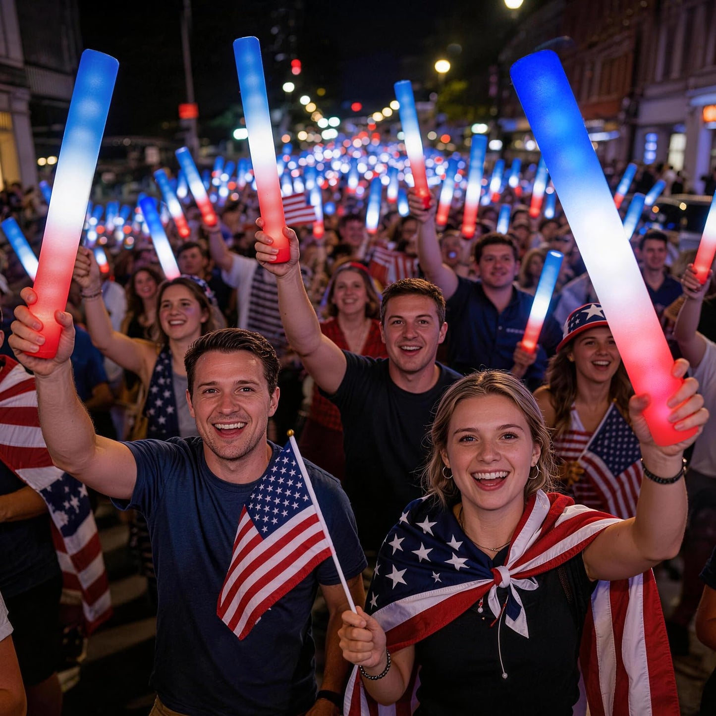 SHQDD 72 PCS 4th of July Foam Glow Sticks Bulk , Patriotic Red White Blue Glow in the Dark Foam Sticks, Light up Supplies for Kids & Adults, Glow Party Accessories & Decorations for Independence Day