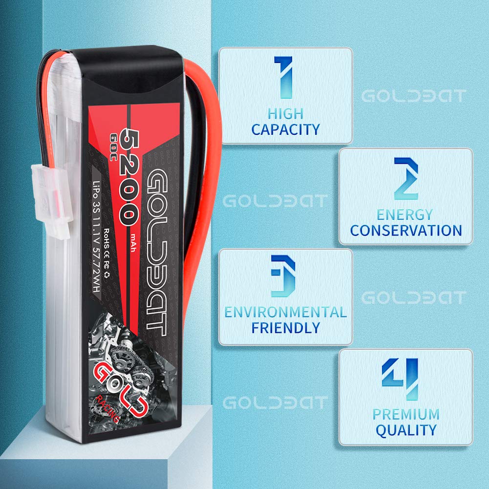 GOLDBAT LiPo RC Battery 5200mAh 3S 60C 11.1V LiPo RC Short Battery with Deans Connector Softcase Pack for RC Car Truck Quadcopter Airplane Helicopter Boat (2 Packs)