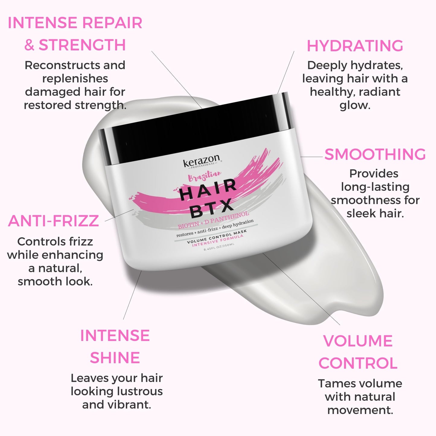 KERAZON Intensive Brazilian Hair BTX Smoothing Treatment 8oz 236ml For All Hair Types, Thermal Activated Hair Mask Damaged Hair and Long Lasting Volume And Frizz Control