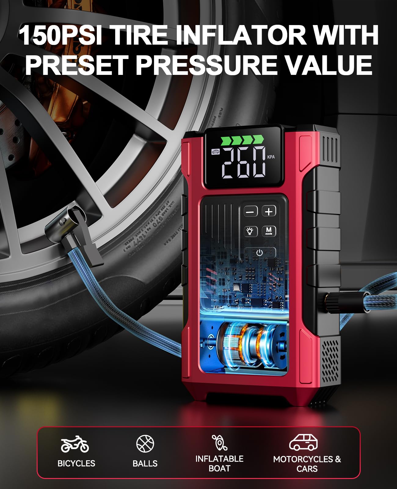 4500A Car Jump Starter with Air Compressor, Portable Battery Charger Jumpstart 12V Vehicle, Power Pack with 150PSI Tire Inflator for 9.0L Gas/7.5L Diesel Engines Jump Box with Light and Jumper Cable