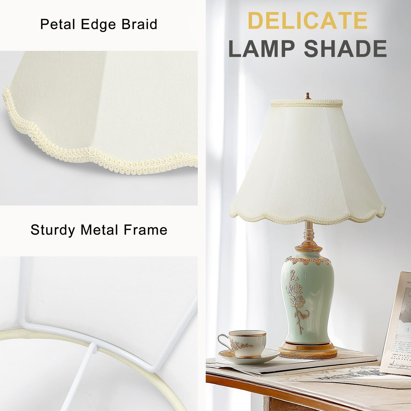 Medium Lamp Shades Set of 2, Cream Lamp Shade for Floor Lamps Table Lamps, 6.1"Top x 13"Bottom x 9.6"High, Scalloped Lamp Shade with Petal Edge Braid, Spider, Harp Holders Included, Assembly Required