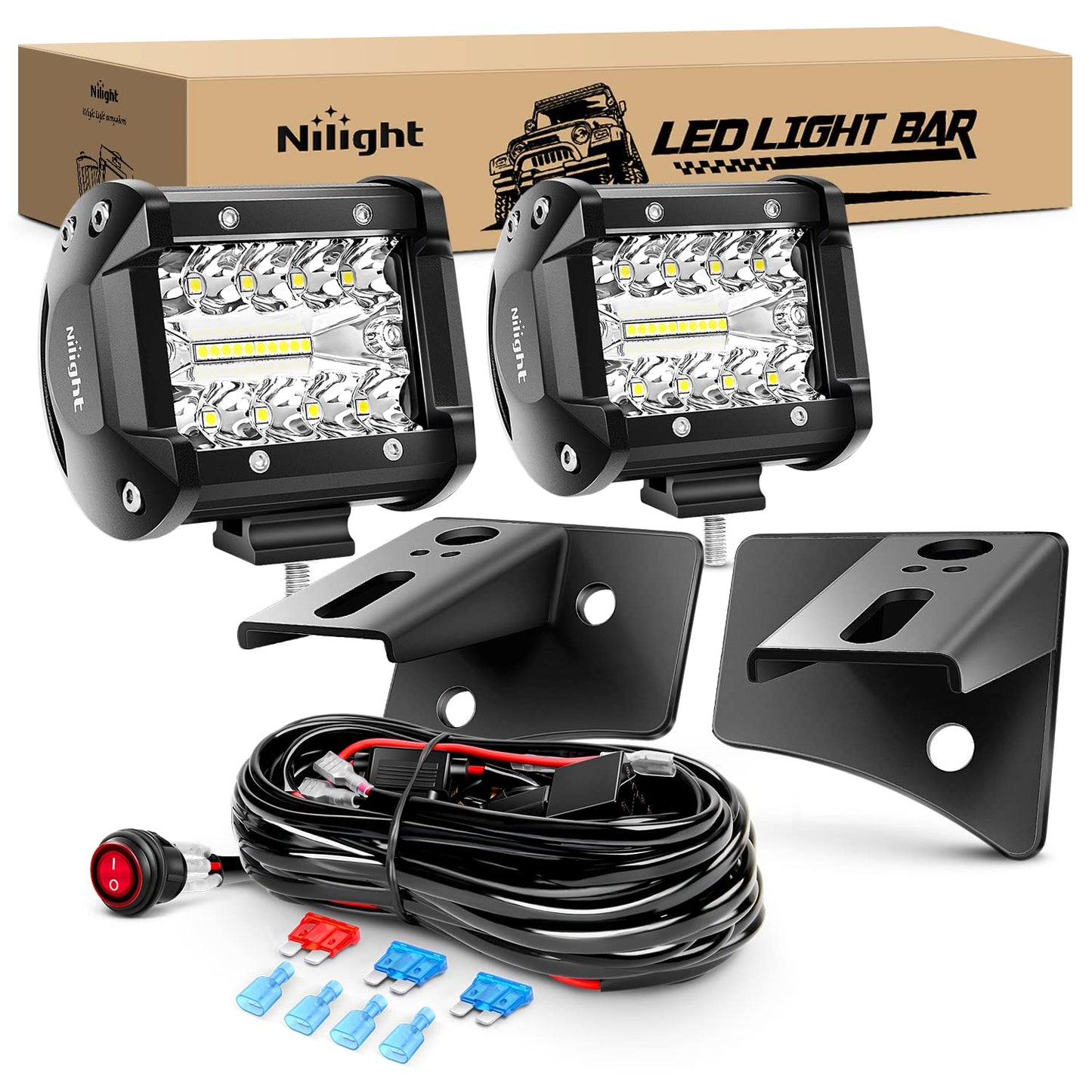 Nilight 2Pcs 4Inch LED Pods Bar Triple Row 60W Flood Spot Combo 6000LM Driving Off Road with 2007-2017 Wrangler JK/JKU 2DR 4DR A-Pillar Windshield Hinge Mounting Brackets Wiring Harness Kit