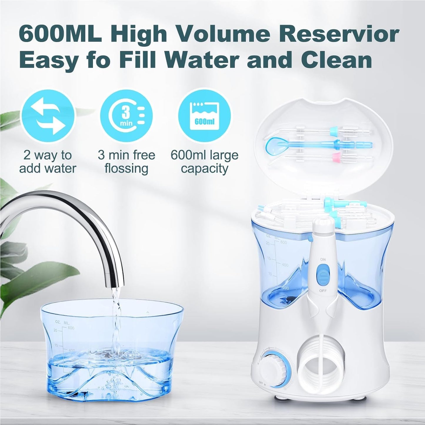 Homuserr Water Flosser, Power Dental Water Flossers for Teeth & Braces Cleaning, Electric Oral Irrigator Water Flosser for Adults & Kids with 10 Pressures & 8 Tips, 600ml Water Flosser for Family