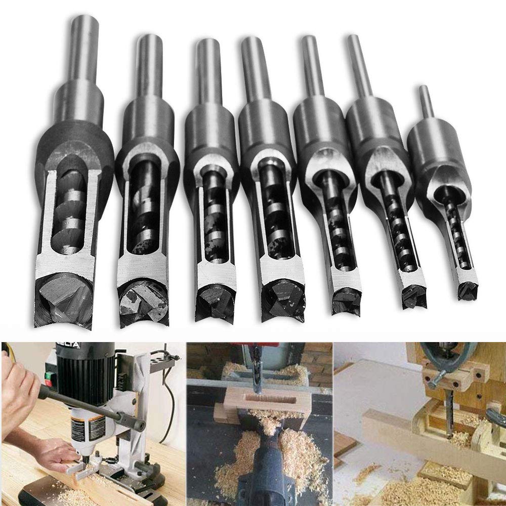 Square Hole Drill Bit, Steel Hardness Sharp Mortising Chisel Set 1/2-Inch, 1/4-Inch, 3/4inch, 3/8-Inch, 5/8-Inch, 5/16-Inch, 9/16-Inch Woodworking Mortiser Drill Bit-7pcs