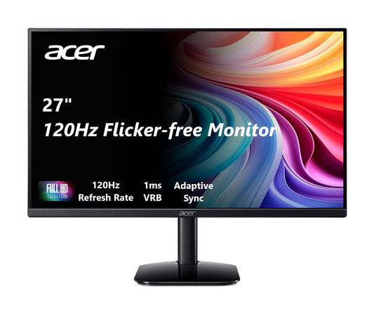 acer 27 Inch Monitor- KB272-27 Inch FHD IPS (1920 x 1080) Display, Up to 120Hz Refresh Rate, 99% sRGB, Tilt, Adaptive-Sync Support (FreeSync Compatible) 1ms (VRB), sRGB 99% Color, HDMI & VGA Ports