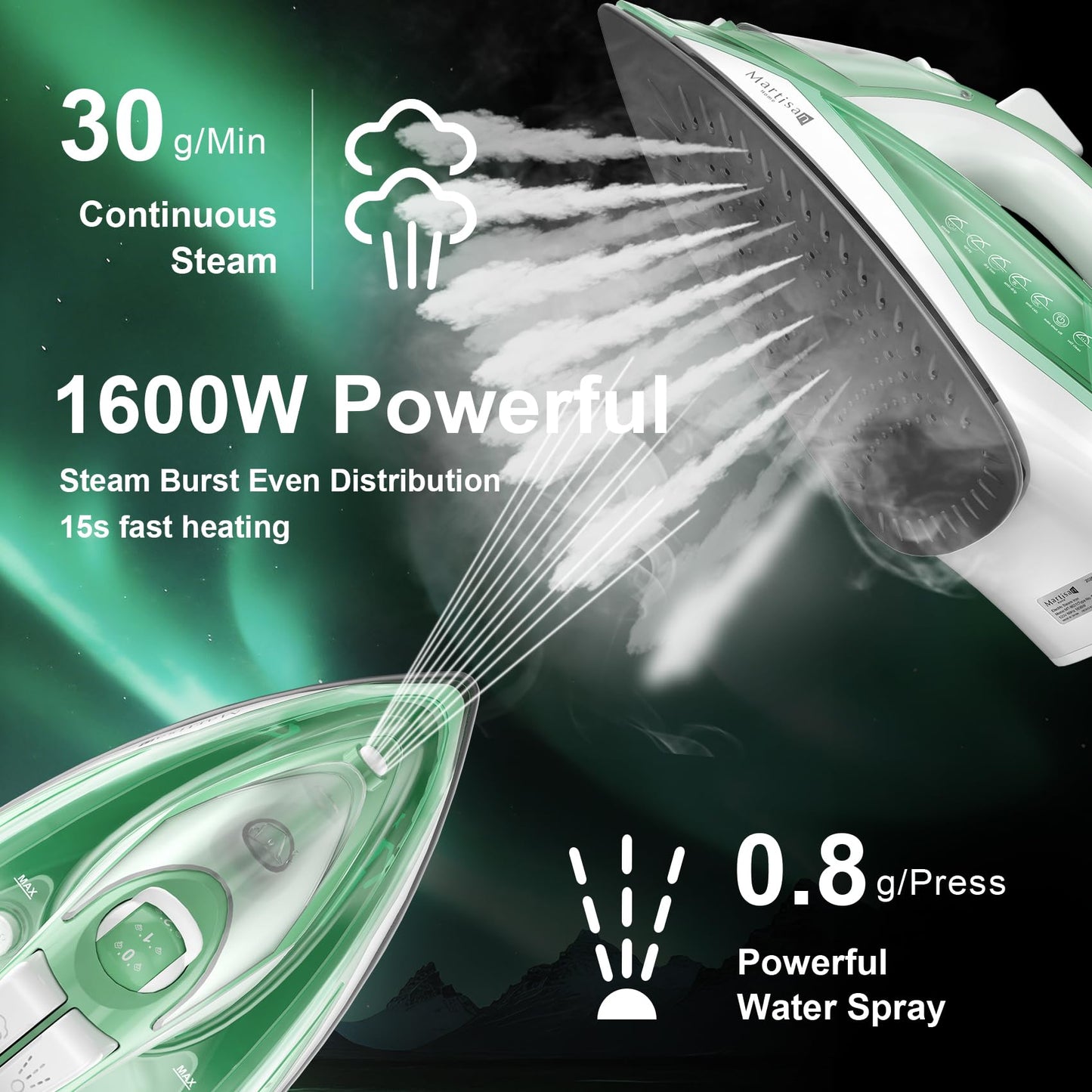 Martisan Steam Iron Lite, 1600W, 15s Fast Heat-up, Dual Layer Soleplates for Heat Reserve, Precise Adjustable Temp, Non-stick Ceramic Panel, Anto-off, Anti-drip, Anti-calc, Green