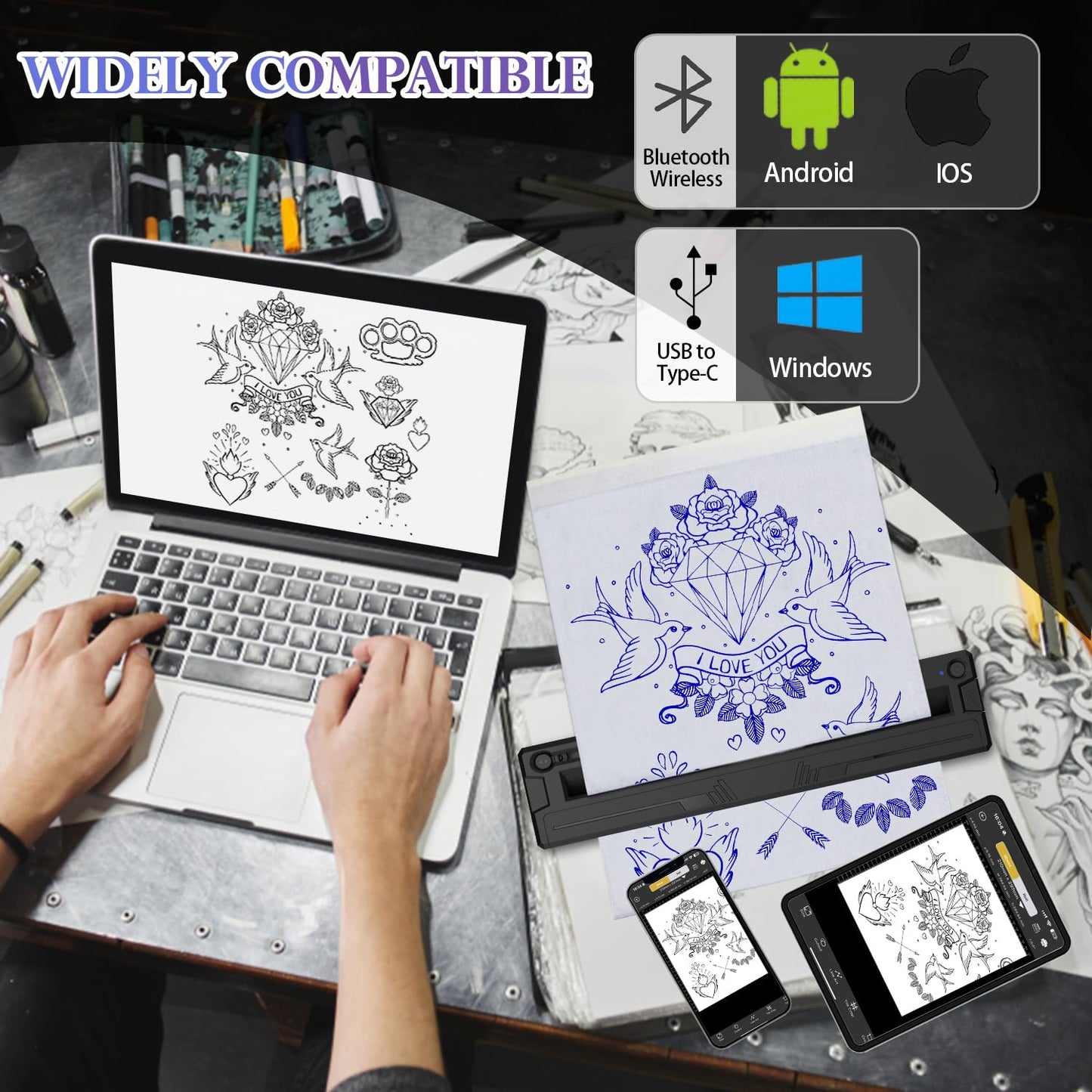 Sacnahe Wireless Tattoo Stencil Printer, Portable Bluetooth Thermal Tattoo Printer with App Custom-Size≤ A4, Print Realistic Portraits, 10 Transfer Papers, Works for Phone/Tablet/PC (Black)