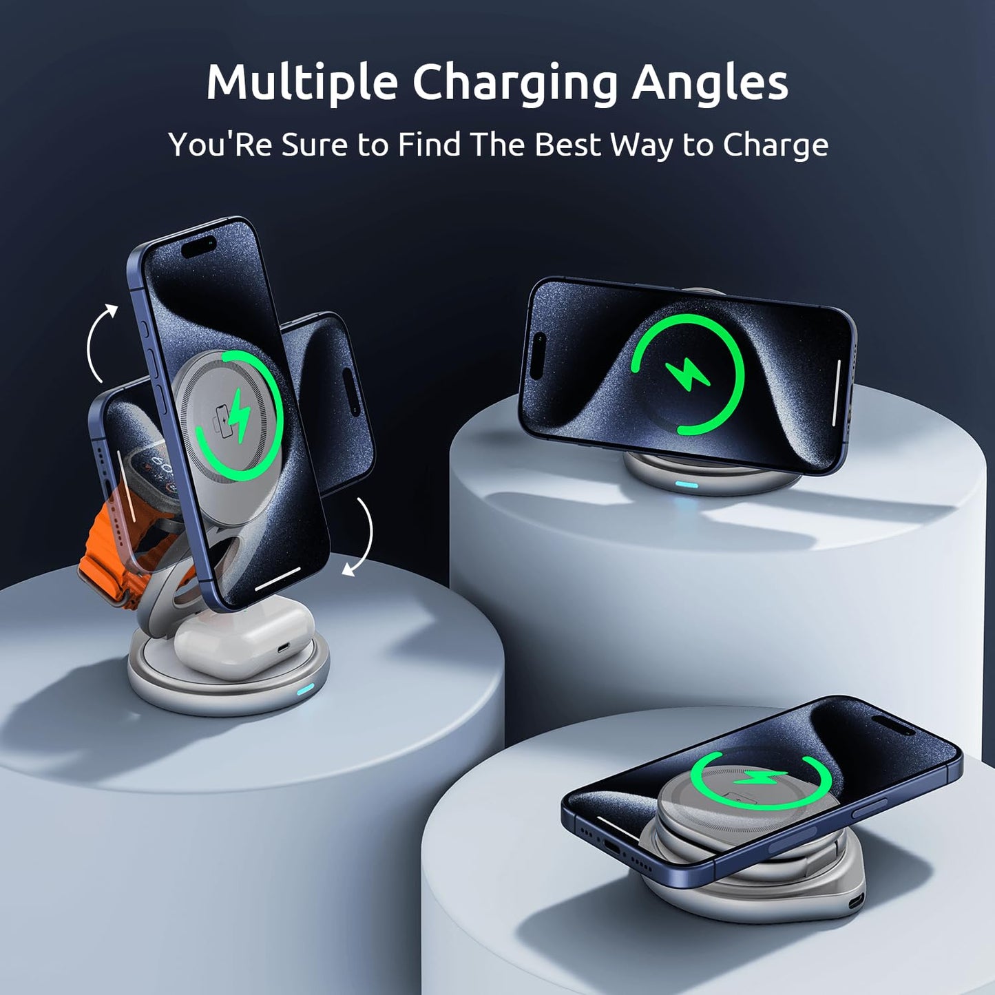 3 in 1 Charging Station for Apple Magsafe Travel Charger for Multiple Devices Aluminum Foldable Magnetic Wireless Charger with 360 Rotating for iPhone 16/15/14/13/12 Series,for iWatch,for Airpods