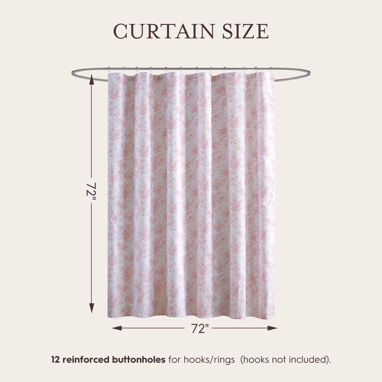 Laura Ashley Walled Garden Shower Curtain, Textured Cotton-Rich Slub Fabric, Tonal Floral Print, Elegant Transitional Bathroom Decor, Machine Washable 72"x72", Pink