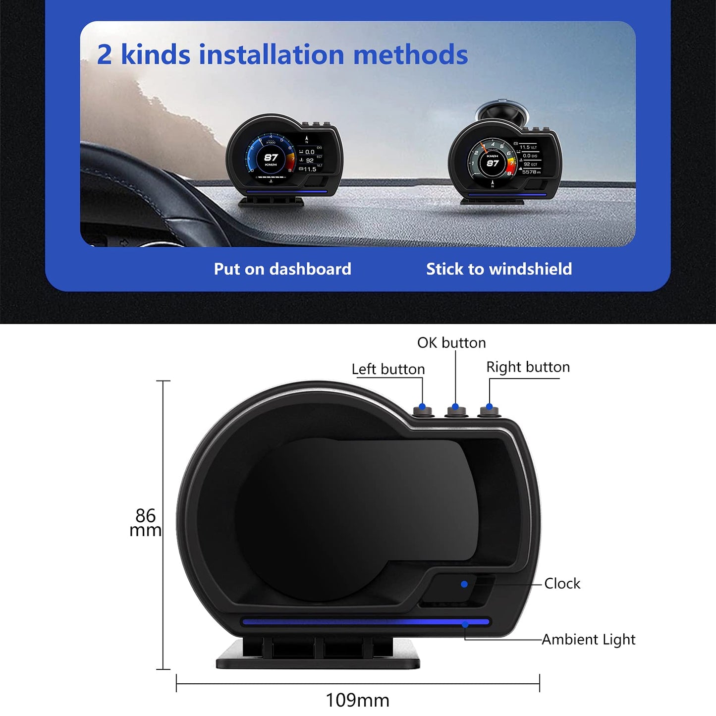 KGDHjuei Car HUD Head Up Display P6, OBD+GPS Smart Gauge, Works Great for Most Cars (Black)