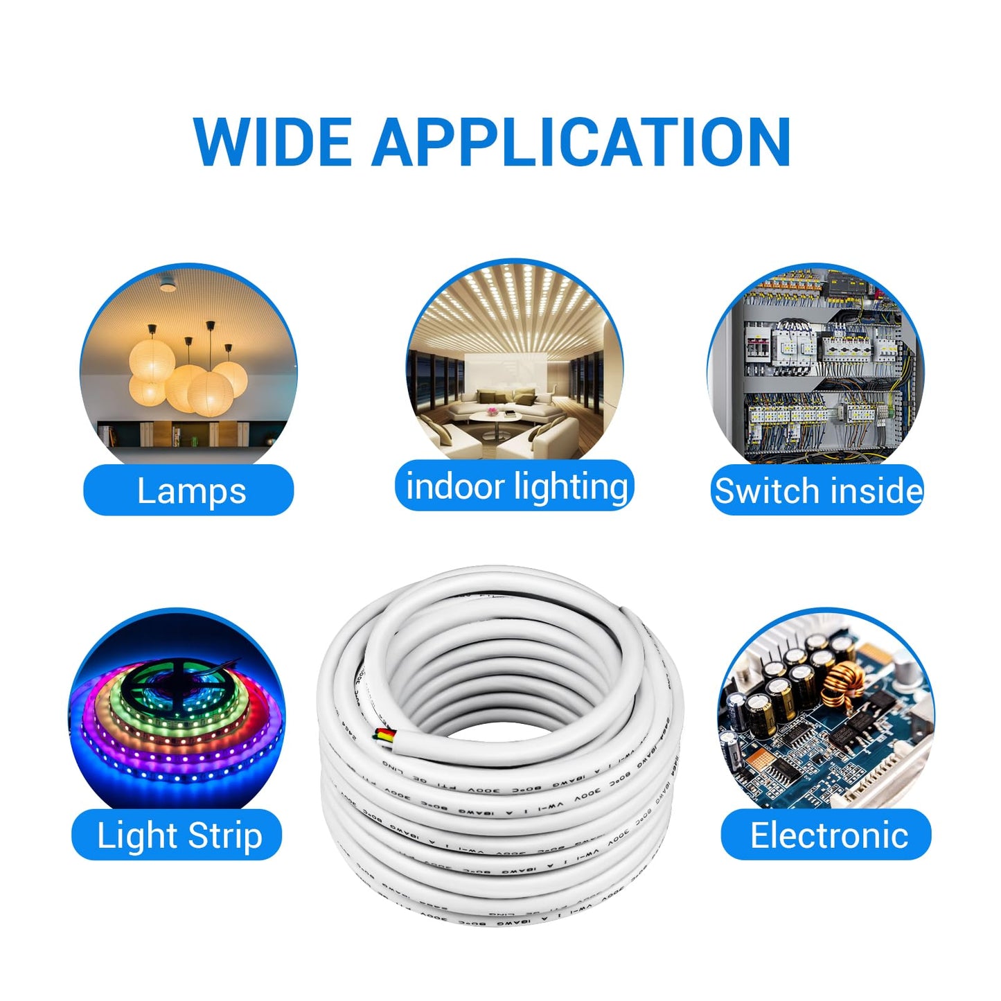 100FT/30M 18 Gauge 8 Conductor White Thermostat Wire, PVC Stranded, Low Voltage Extension Cable for LED Lighting, Automotive