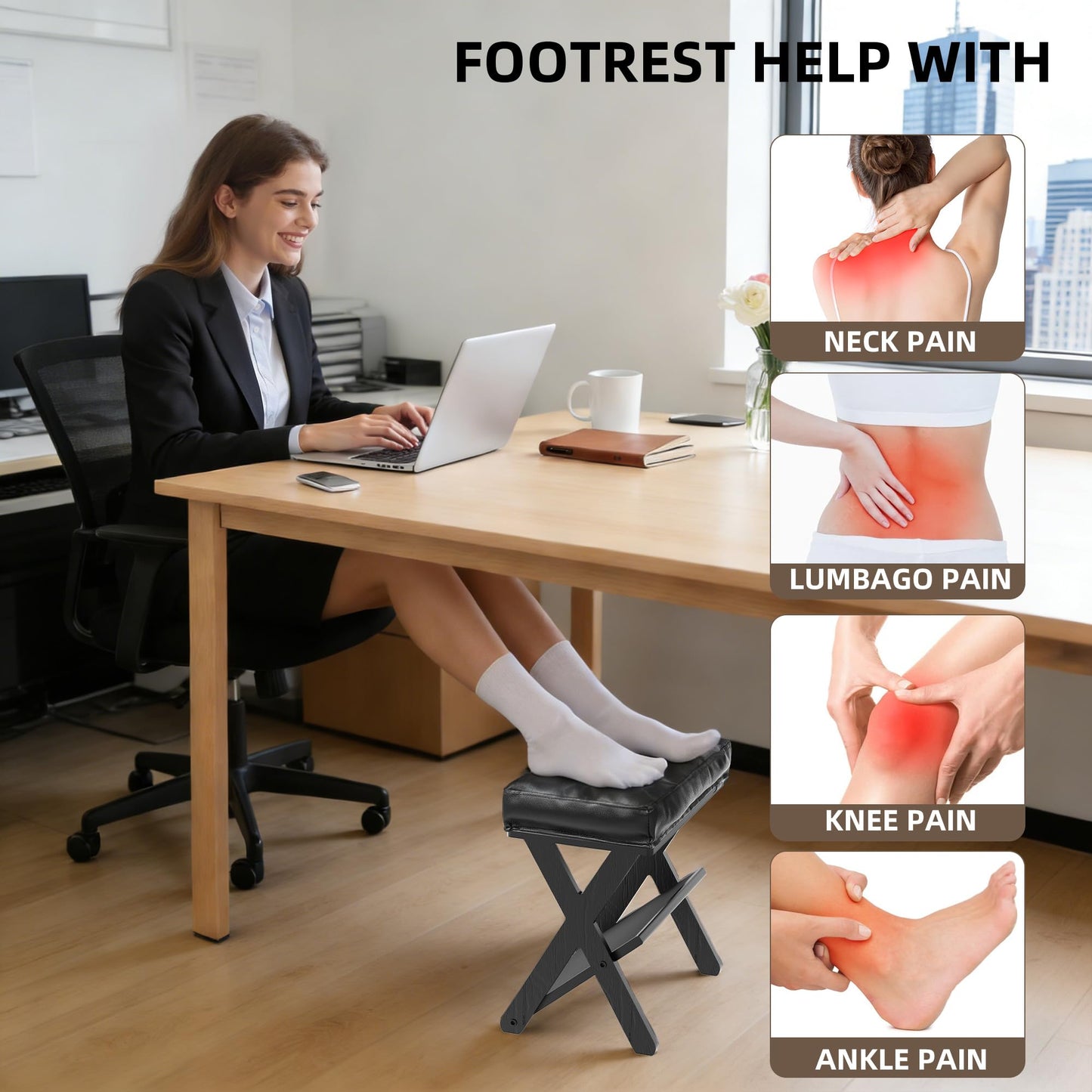 HOMELYSTBO Double Step Foot Stool Under Desk, Wooden Ergonomic Foot Rest with Non-Slip EVA Surface, Office Footstool for Posture Support, Home Office Gaming Desk Foot Rest for Adults-Black