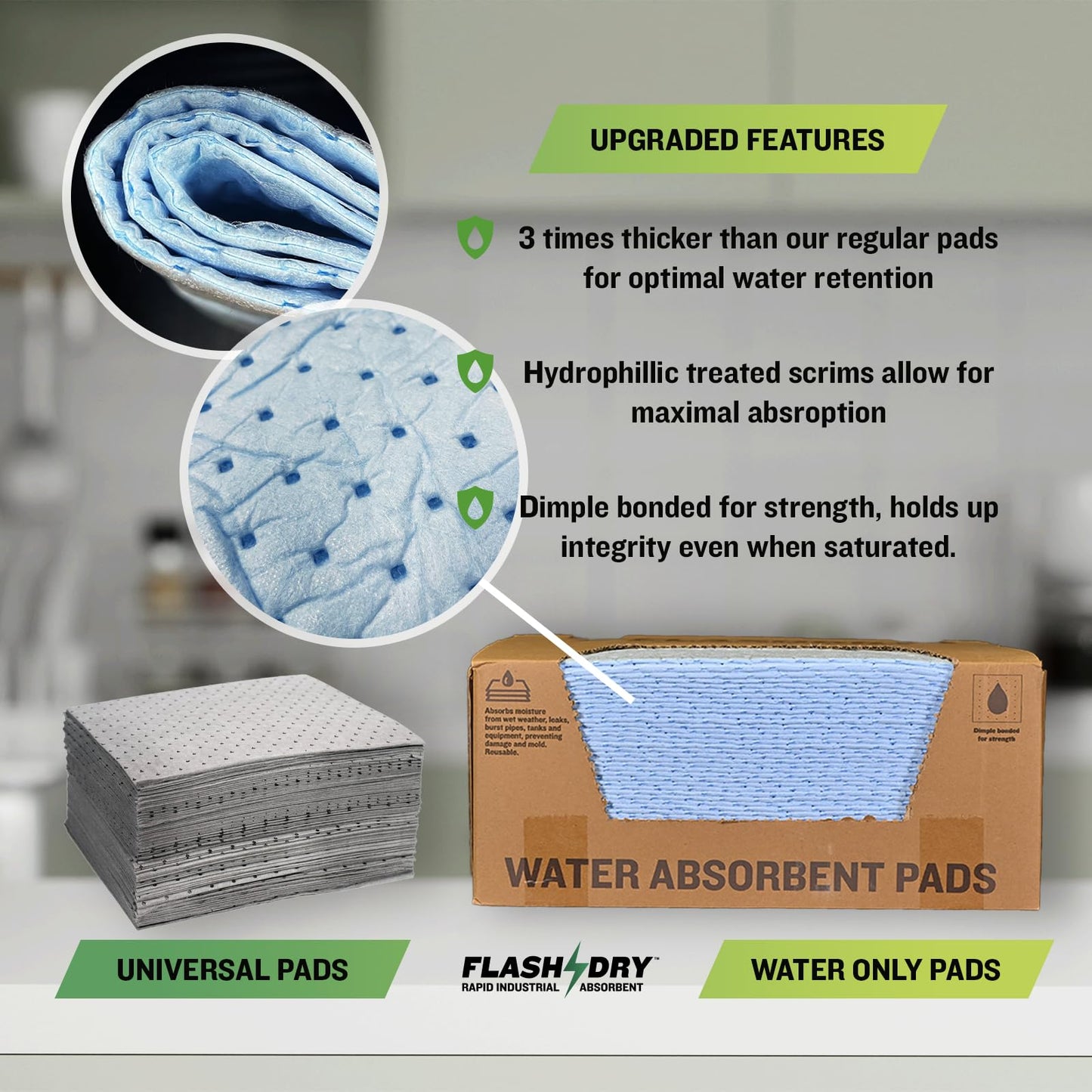 FlashDry Water Absorbent Pads 100 per Box, 17.5"x13.5" - Reusable and Hand Wringable Pads, Ideal for Water Leaks, Spills, Storm Damage Cleanup, Perfect for Basements, Garages, and Under-Sink Cabinets