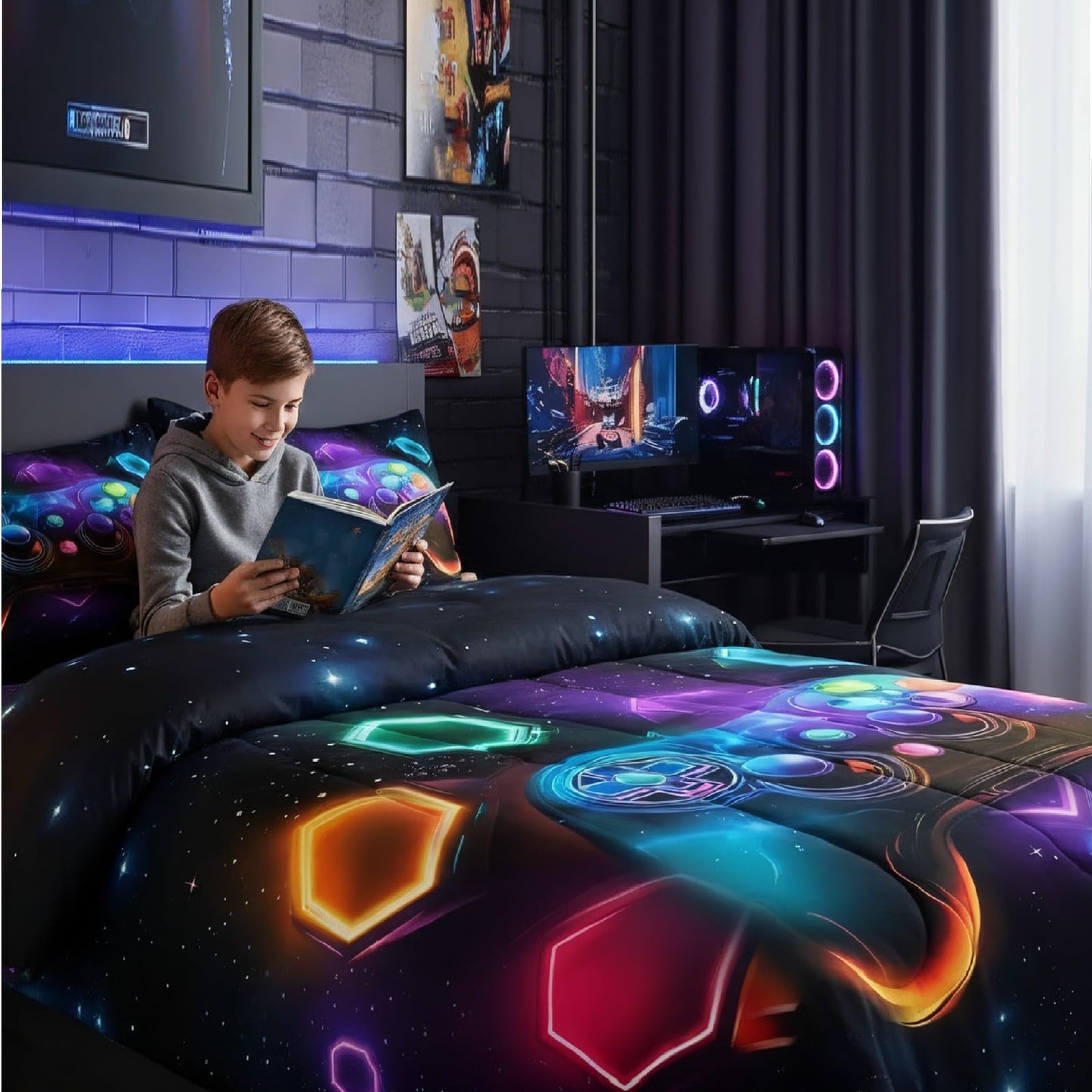 Erosebridal Game Consoles Boys Comforter Sets Twin Gamer Gifts,Gamer Twin Bedding Sets for Boys Space Glow Geometric Kids Comforter Set Red Green Blue Teal,Gaming Room Decor