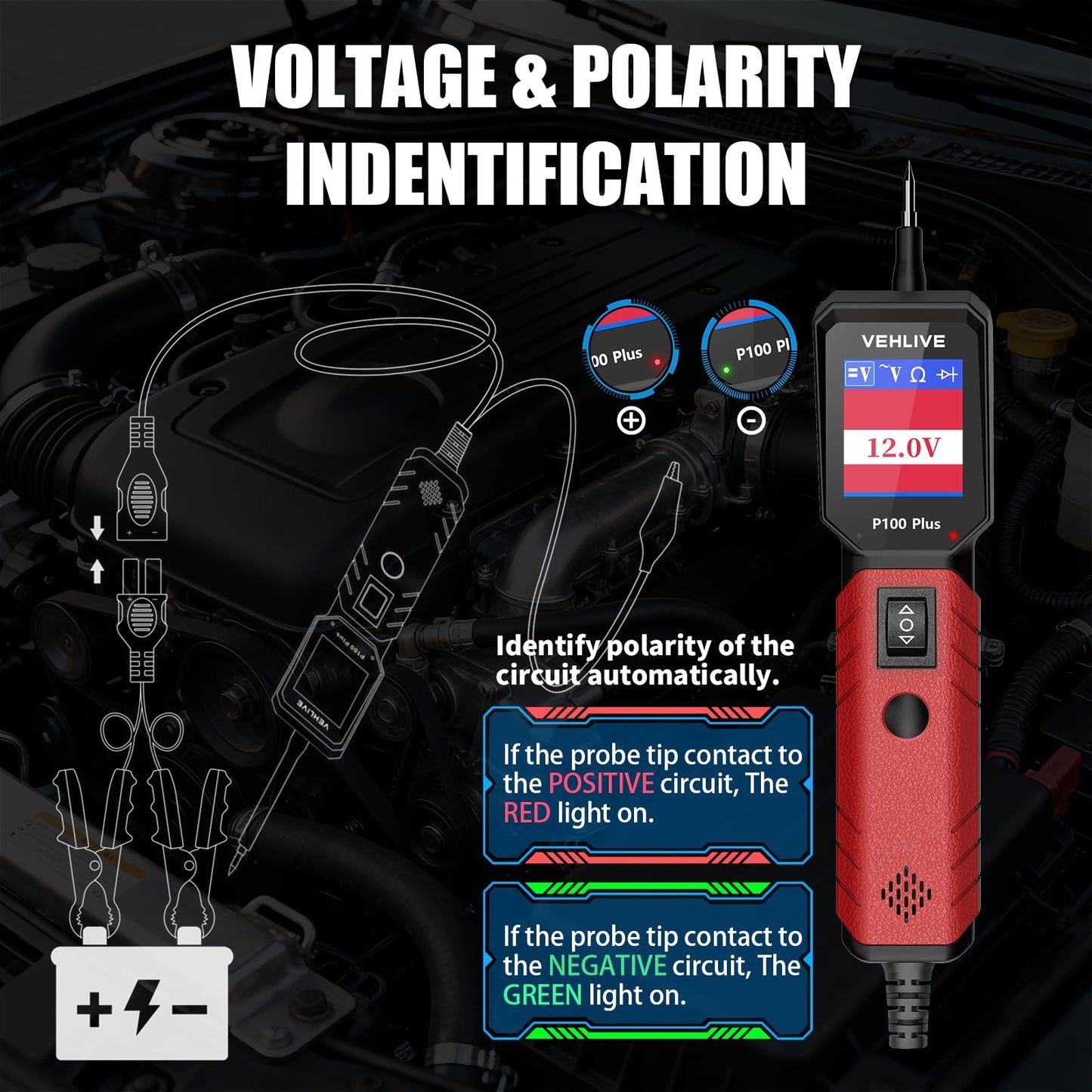 VEHLIVE P100 Plus Automotive Power Circuit Probe Tester,12V 24V Car Automotive Diagnostic Test Tool, Digital Volt Ohm Meter,Circuit Fault Finder w/ 40FT Cable & Tilted Screen