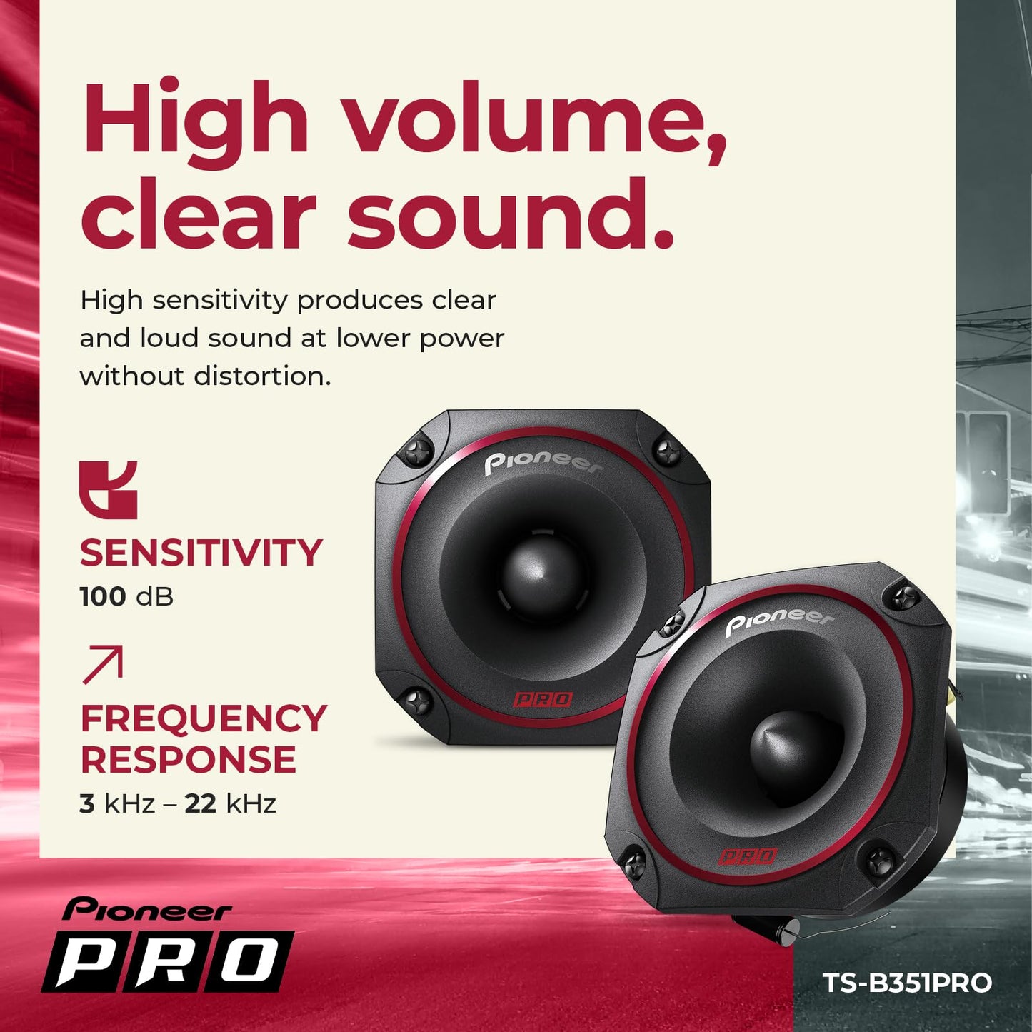 PIONEER P.R.O. Series TS-B351PRO 3.5” Tweeters (Pair) – 250W Max, Perfect for high-SPL Builds and pro-Level car Audio, Bullet Style Tweeter