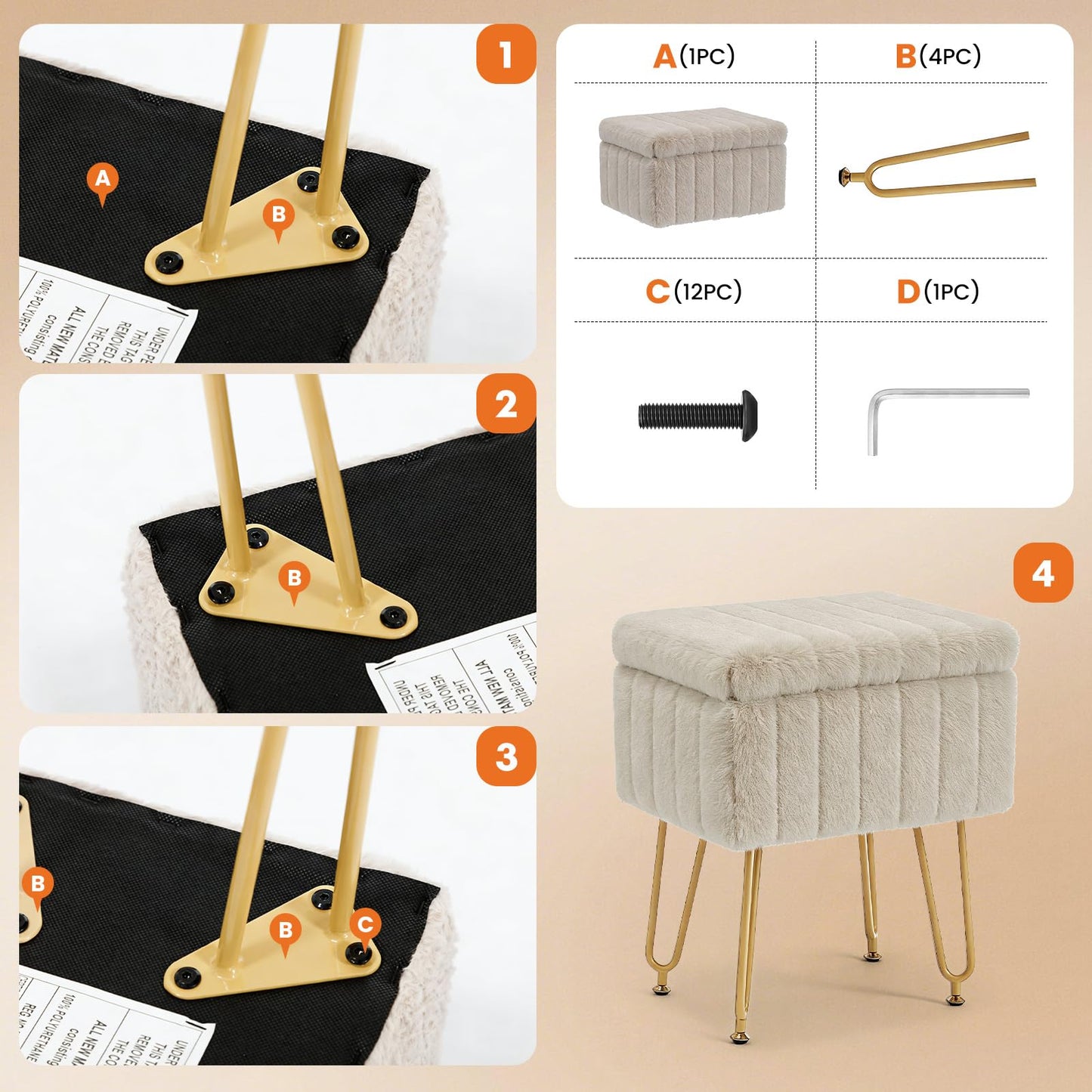 DUMOS Vanity Stool Chair with Storage, Small Ottoman Faux Fur Soft Padded Footstools Seat with 4 Metal Legs Anti-Slip Adjustable Feet Modern Footrest for Home Entryway Bedroom Makeup Camel
