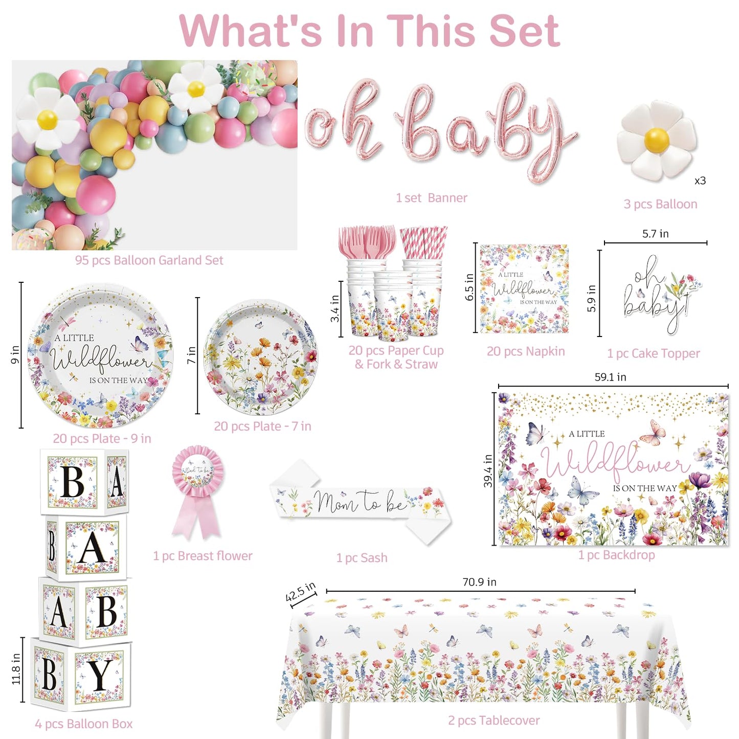 Wildflower Baby Shower Decorations for Girl, All-in-One Set A Wildflower is on the Way Baby Shower Decor, Balloon arch Cake Topper Tableware Balloon Box Backdrop Sash Corsage, Etc