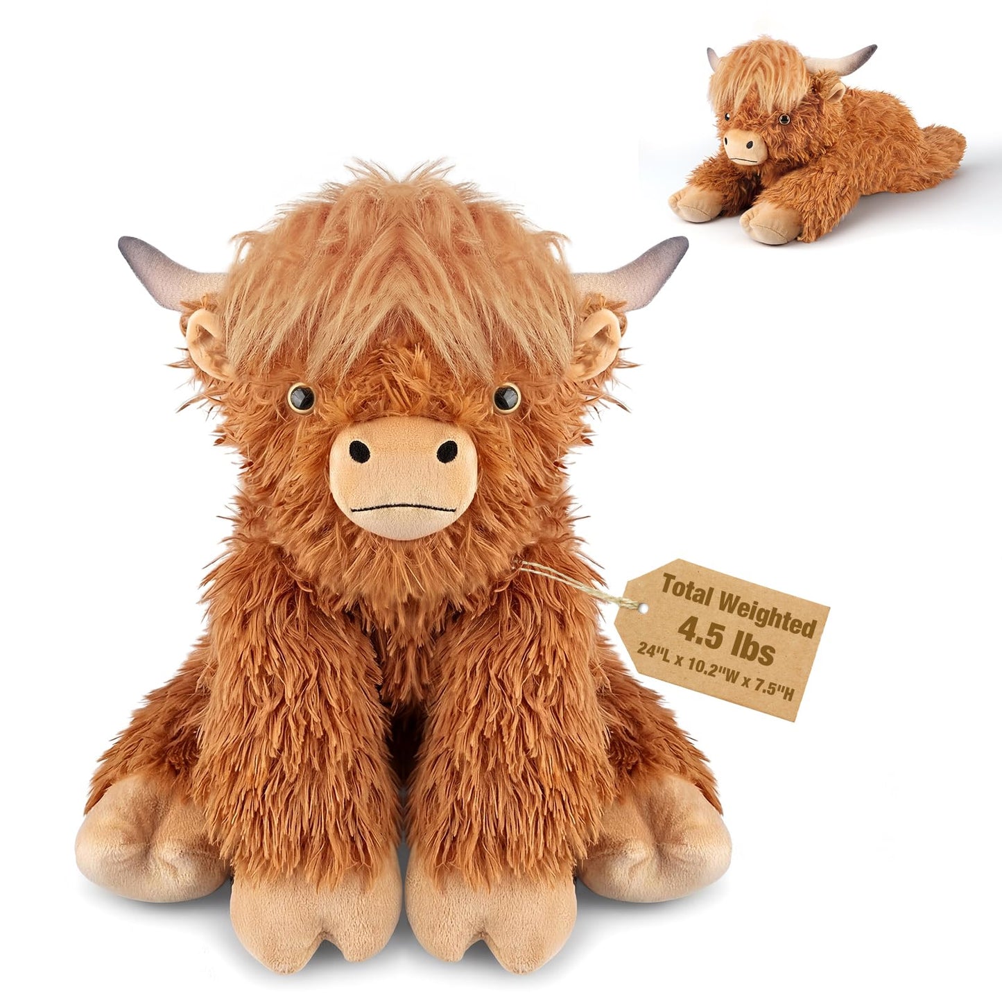 24" & 4.5 lbs Highland Cow Weighted Stuffed Animal, Adjustable Sitting & Laying Plush Toy Pillows with Removable Ceramsite Bag for Companion, Cuddly & Soft Gifts for Adults, Kids, Boys and Girls