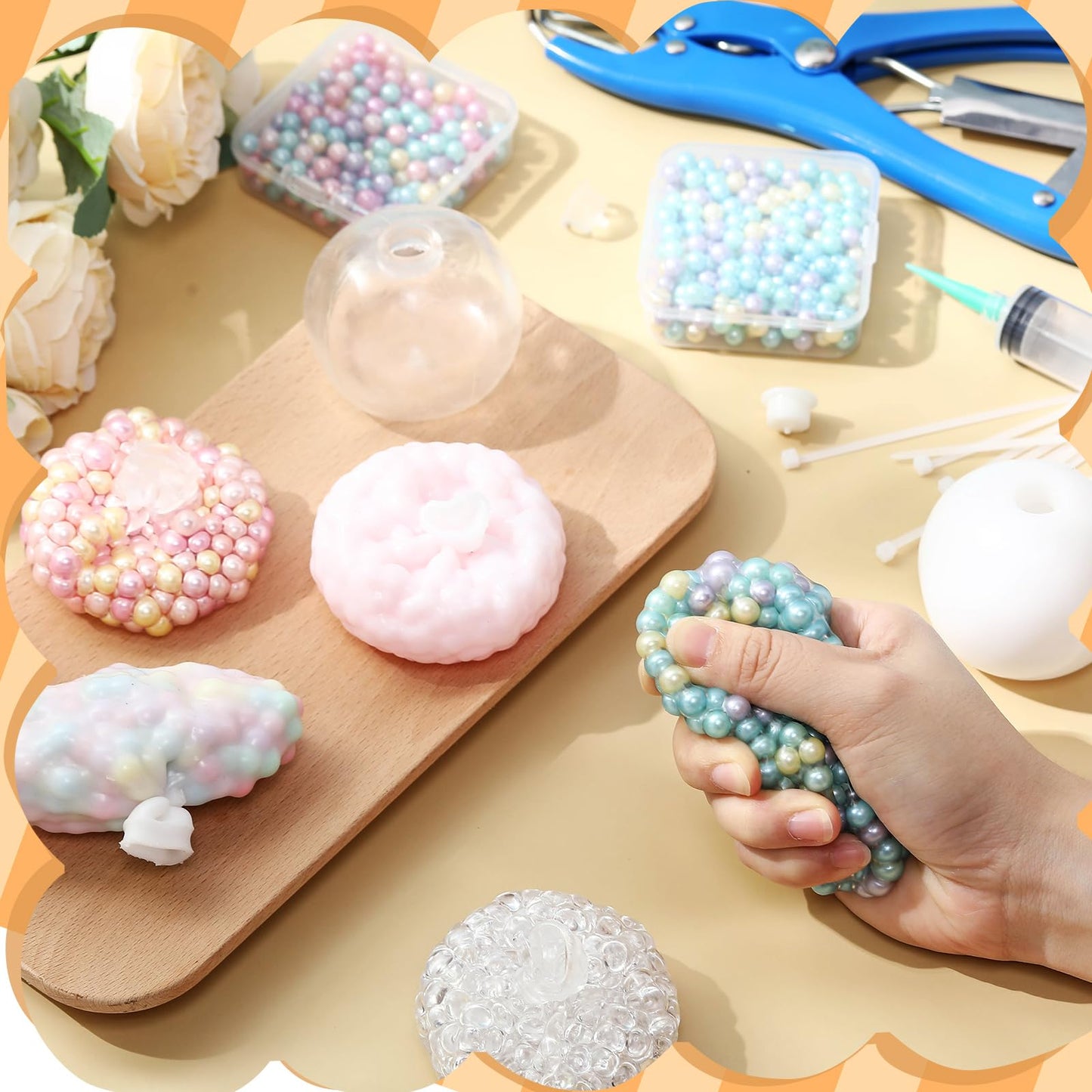 Simgoing 12 Sets DIY Stress Ball Making Kit Milky Blank Stress Ball DIY Kit with 12 Skins Empty Squeeze Balls Fill Beads Expander Tool Vacuum Evacuating Device for Make Your Own Pressure Balls