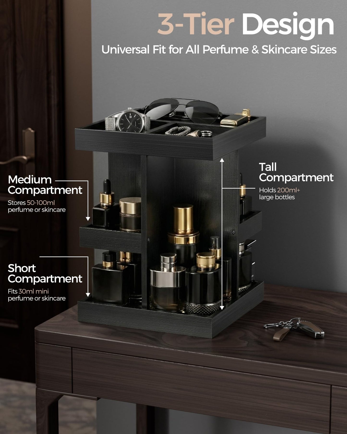 ProCase 3-Tier 360° Rotating Cologne Organizer for men, Large Capacity Wooden Countertop Display Rack for Bathroom & Dresser, Space-Saving Vanity Tray for Perfume & Skincare, Gifts for Him (Black)