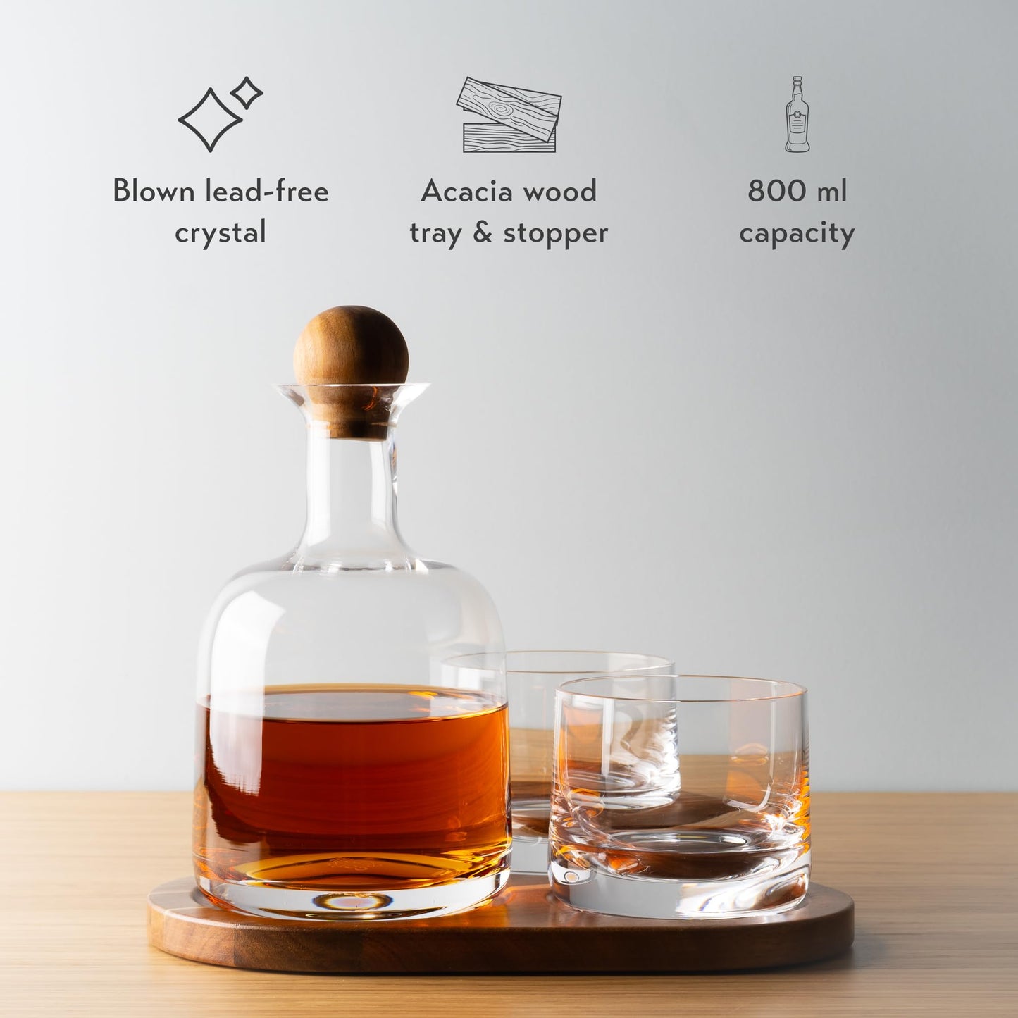 Cork & Mill Whiskey Decanter Set, Hand-Blown Lead-Free Crystal 800ml Liquor Decanter for Bourbon and More, Two 8oz Old Fashioned Glasses, Acacia Wood Stopper & Display Tray, Ideal Whisky Gift Set