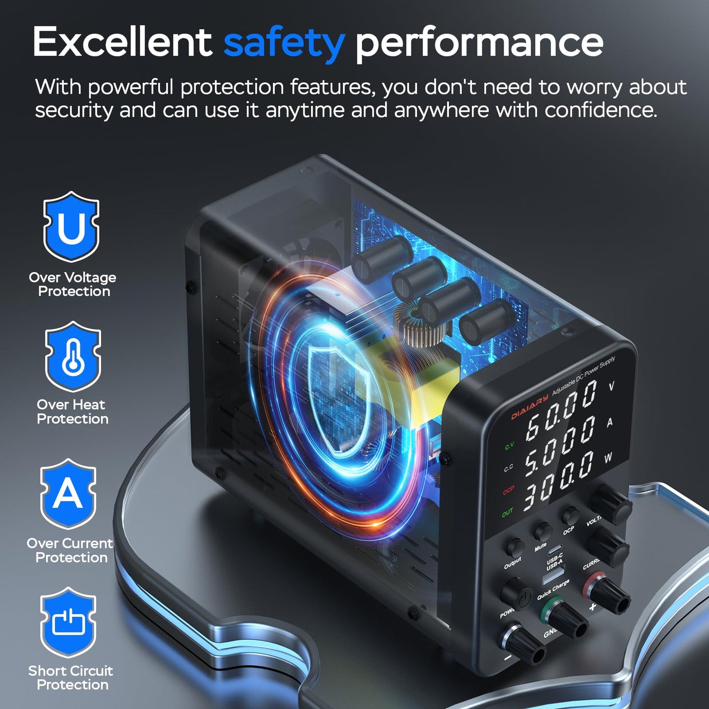 DC Power Supply Variable, 62V 5A Adjustable Switching Regulated DC Bench Power Supply with Intelligent Charging Mode, 18W USB Interface, Precision Encoder Knob