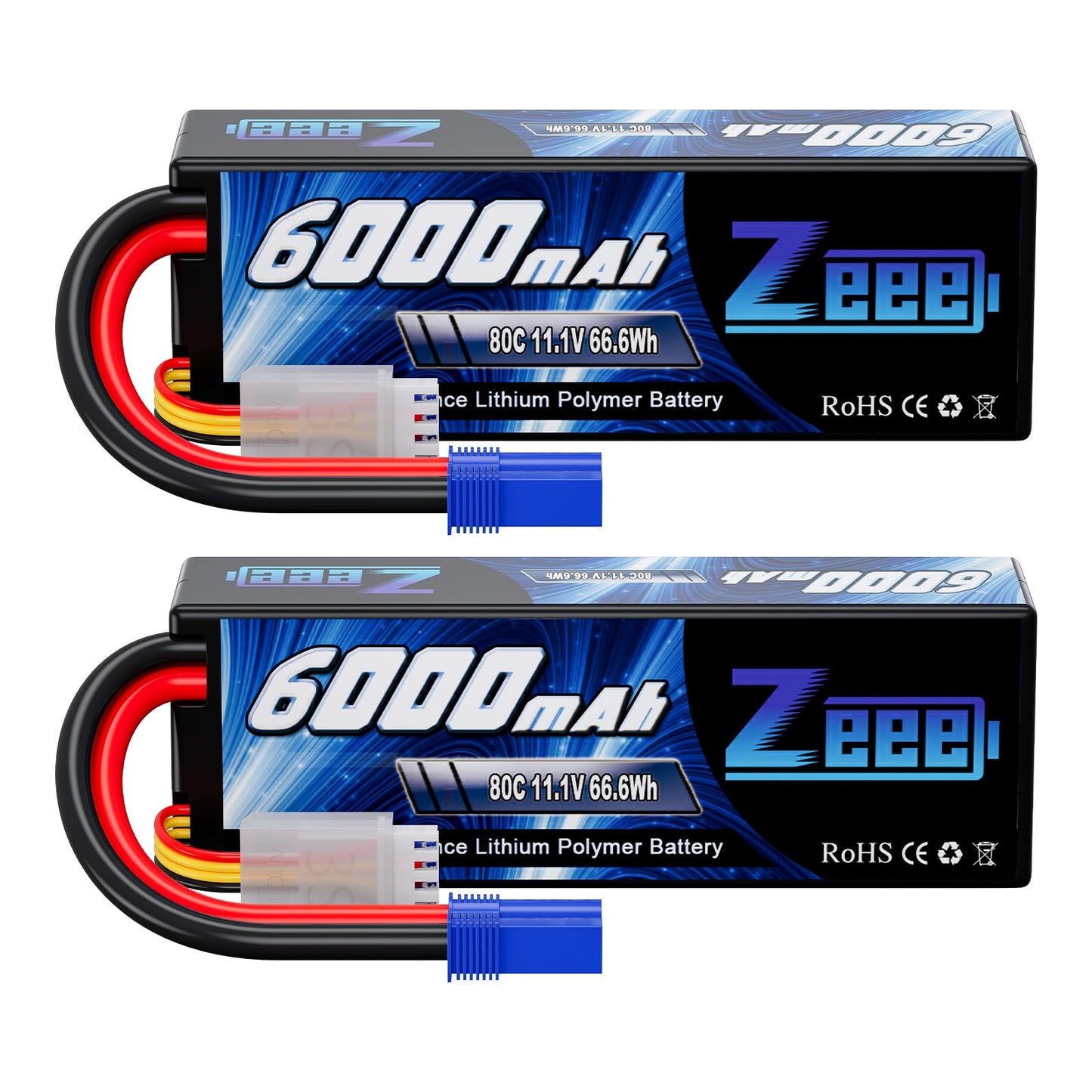 Zeee 11.1V 80C 3S 6000mAh Lipo Battery Hard Case Battery with EC5 Connector for RC 1/8 1/10 Scale Vehicles Car Trucks Boats(2 Pack)