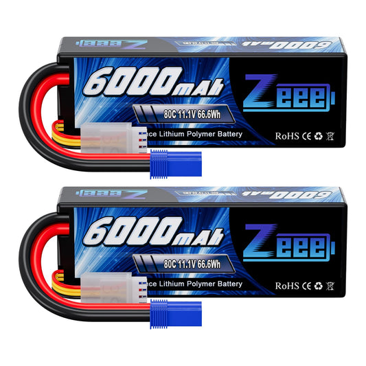Zeee 11.1V 80C 3S 6000mAh Lipo Battery Hard Case Battery with EC5 Connector for RC 1/8 1/10 Scale Vehicles Car Trucks Boats(2 Pack)