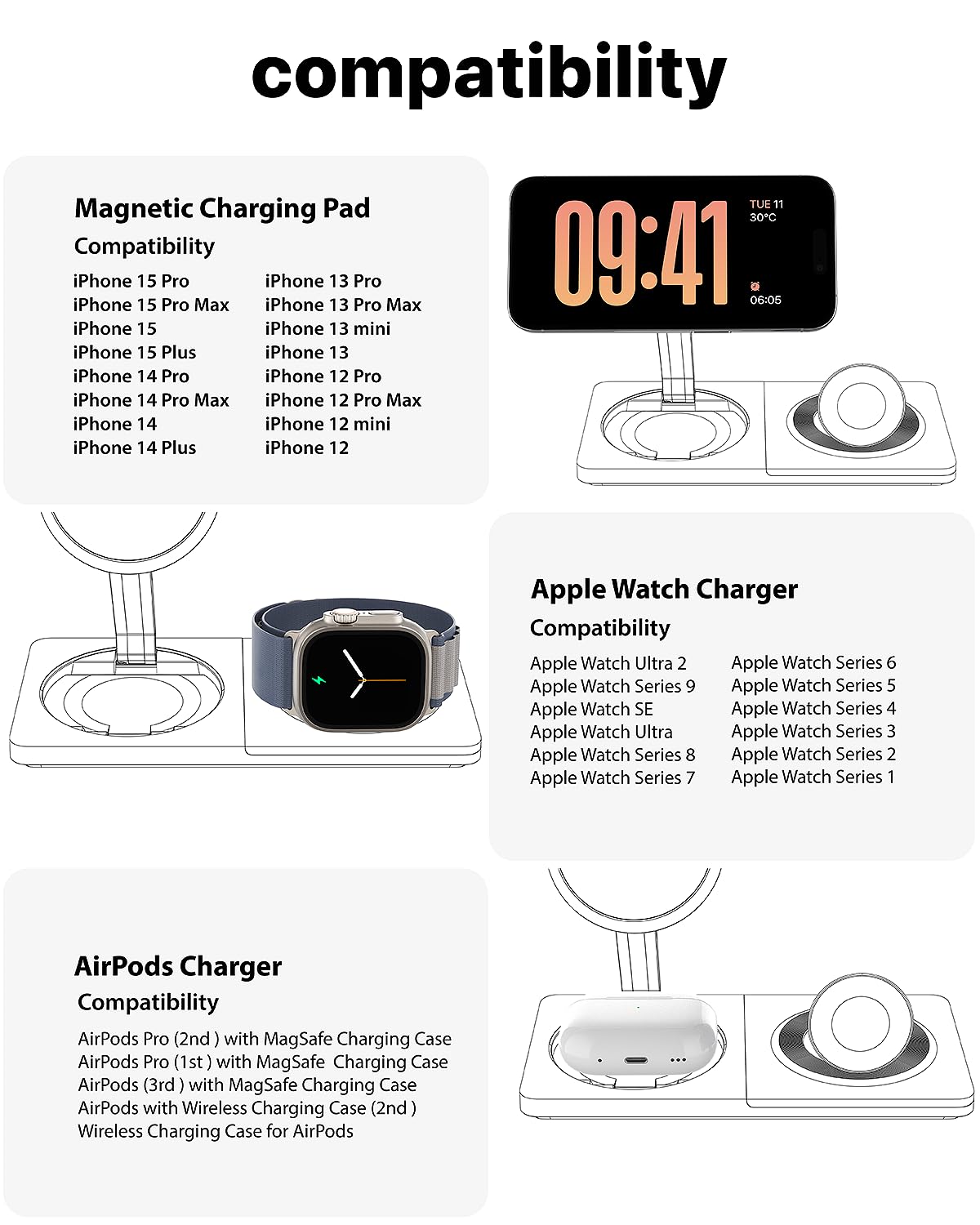 3 in 1 Wireless Charging Station for Apple Device: Fast Charging Station for iPhone and Watch with MagSafe, Foldable Charger Stand for iPhone 12-16 & iPhone 16 & iWatch & AirPods