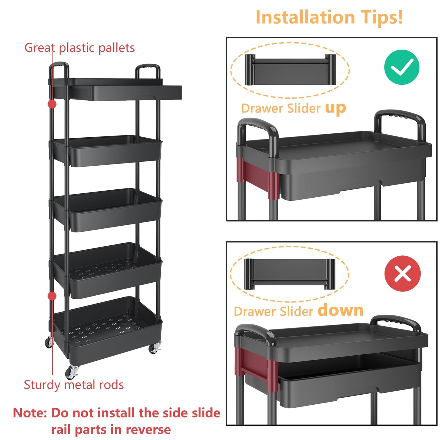 Calmootey 5-Tier Rolling Utility Cart with Drawer,Multifunctional Storage Organizer with Plastic Shelf & Metal Wheels,Storage Cart for Kitchen,Bathroom,Living Room,Office,Black