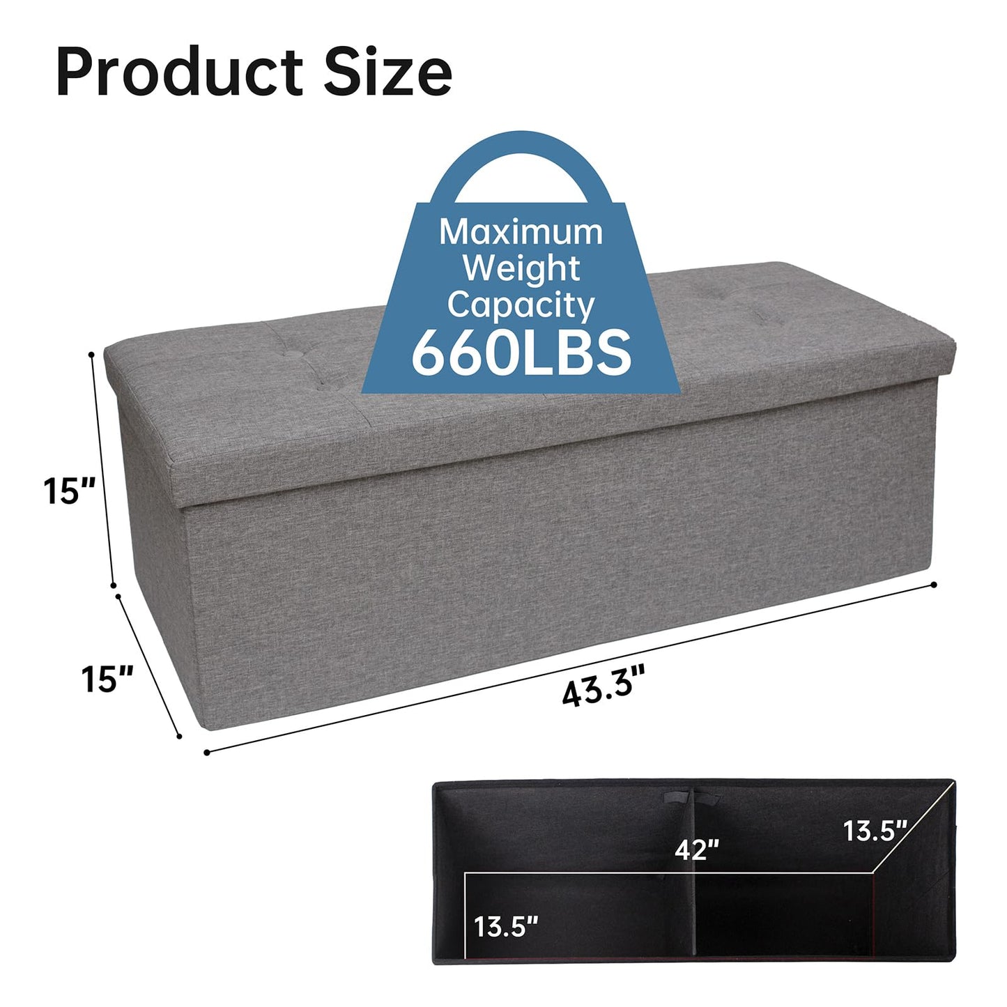 GLAXYFUR 43.3 inches Folding Storage Ottoman Bench Storage Chest Footrest for Bedroom, Entryway and Living Room, Holds up to 660 lb Dark Grey