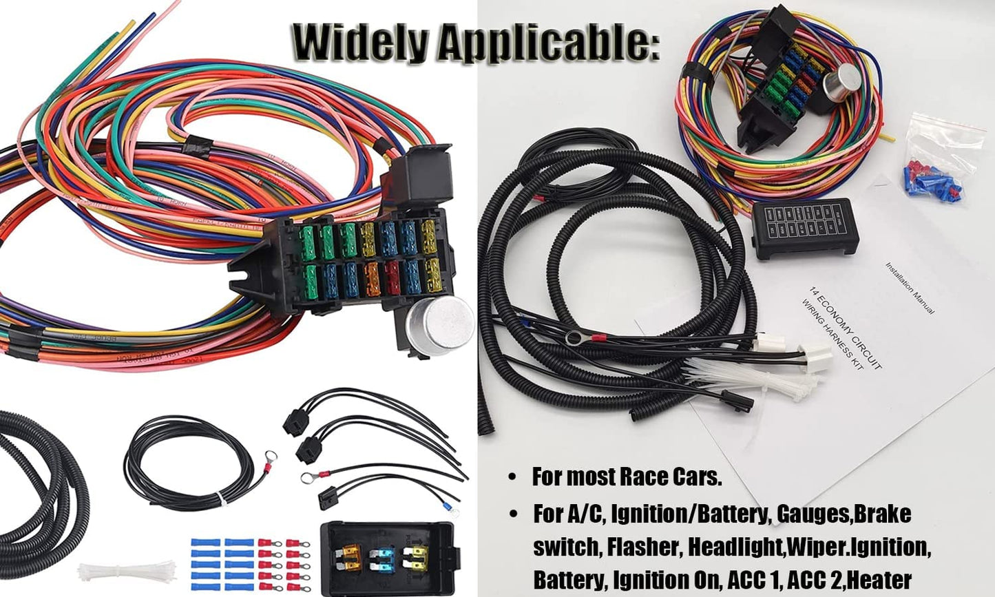 WZruibo Wiring Harness 14 Circuit Universal,Circuit Wiring Harness Kit 14 Fuse for Street Muscle Car, Hot Rod Wire Harness 12-14 Circuit Street Rod