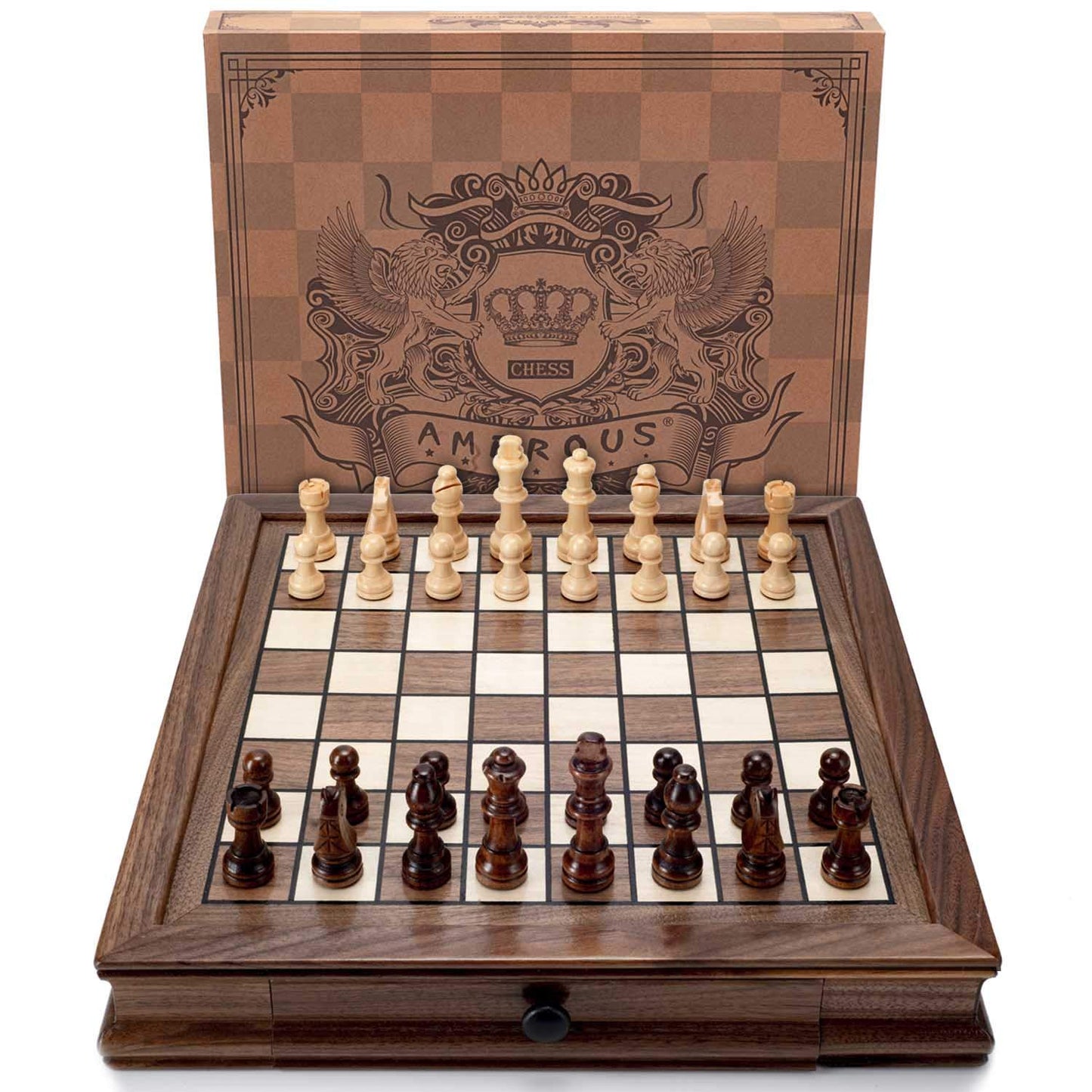 AMEROUS Magnetic Wooden Chess Set, 12.8" x 12.8" Walnut Chess Board Game with 2 Built-in Storage Drawers - 2 Bonus Extra Queens - Chess for Beginner, Kids and Adults, Gift Packaging