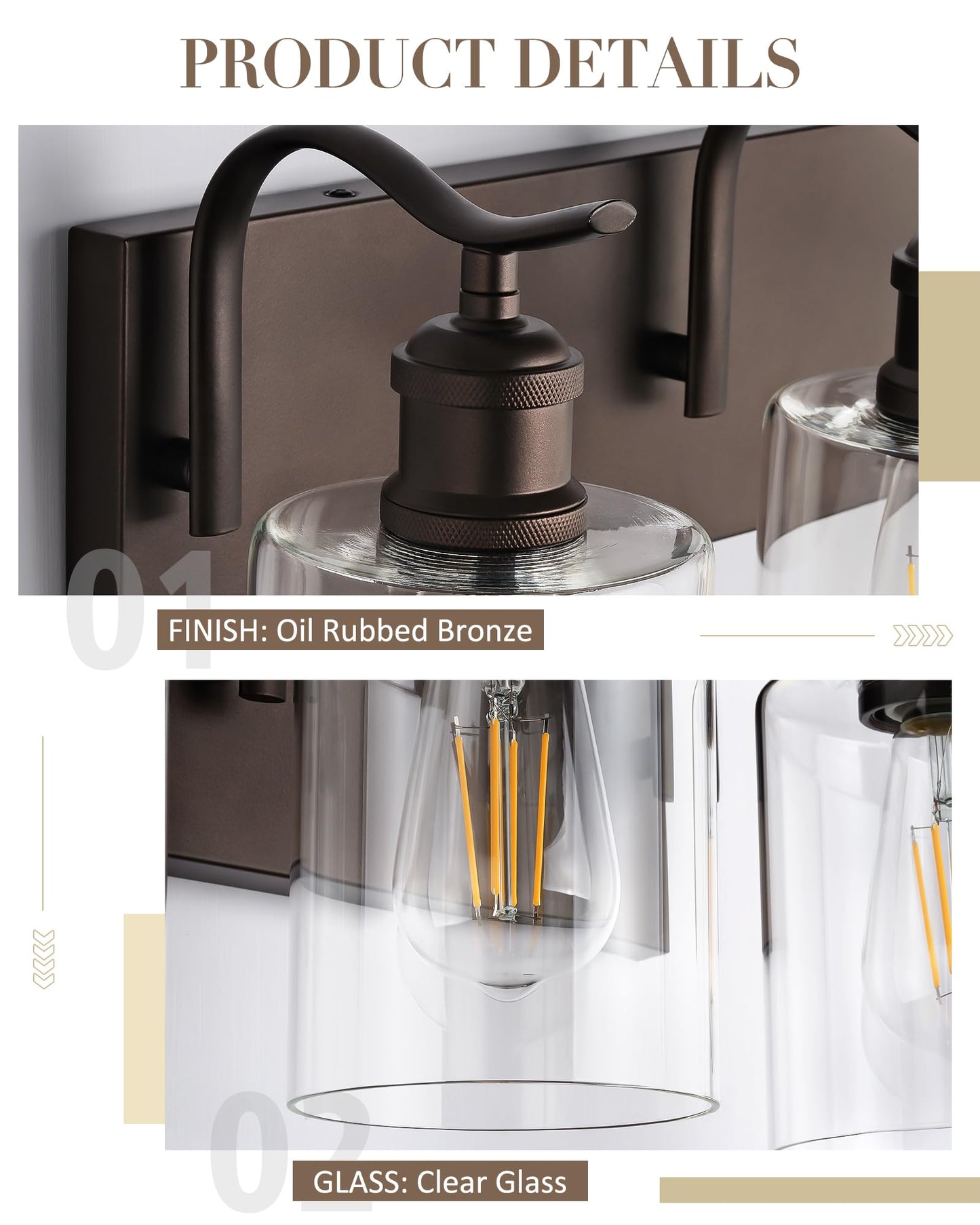 JAZAVA 3 Light Bathroom Vanity Light, Morden Bathroom Lighting Fixtures Over Mirror Oil Rubbed Bronze Wall Light Fixtures with Clear Glass Shade ZCVL01ORB-3