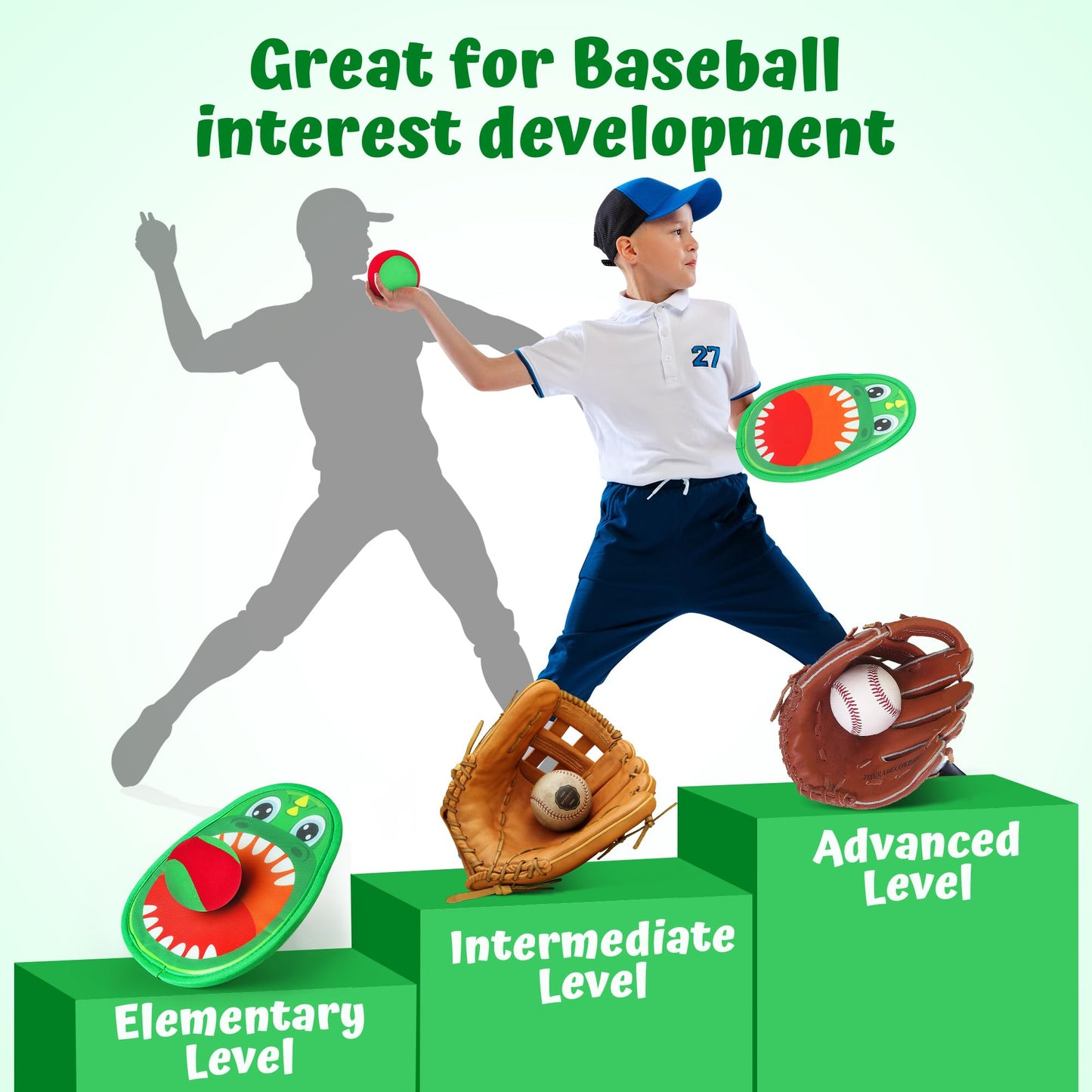 Billeeit Big Dinosaur Toss and Catch Ball Set, Catch Game Toys for Kids 3+ 4 5 6 7 8, Backyard Lawn Game Toys with 4 Rackets, 4 Balls, 1 Drawstring Bag for Christmas