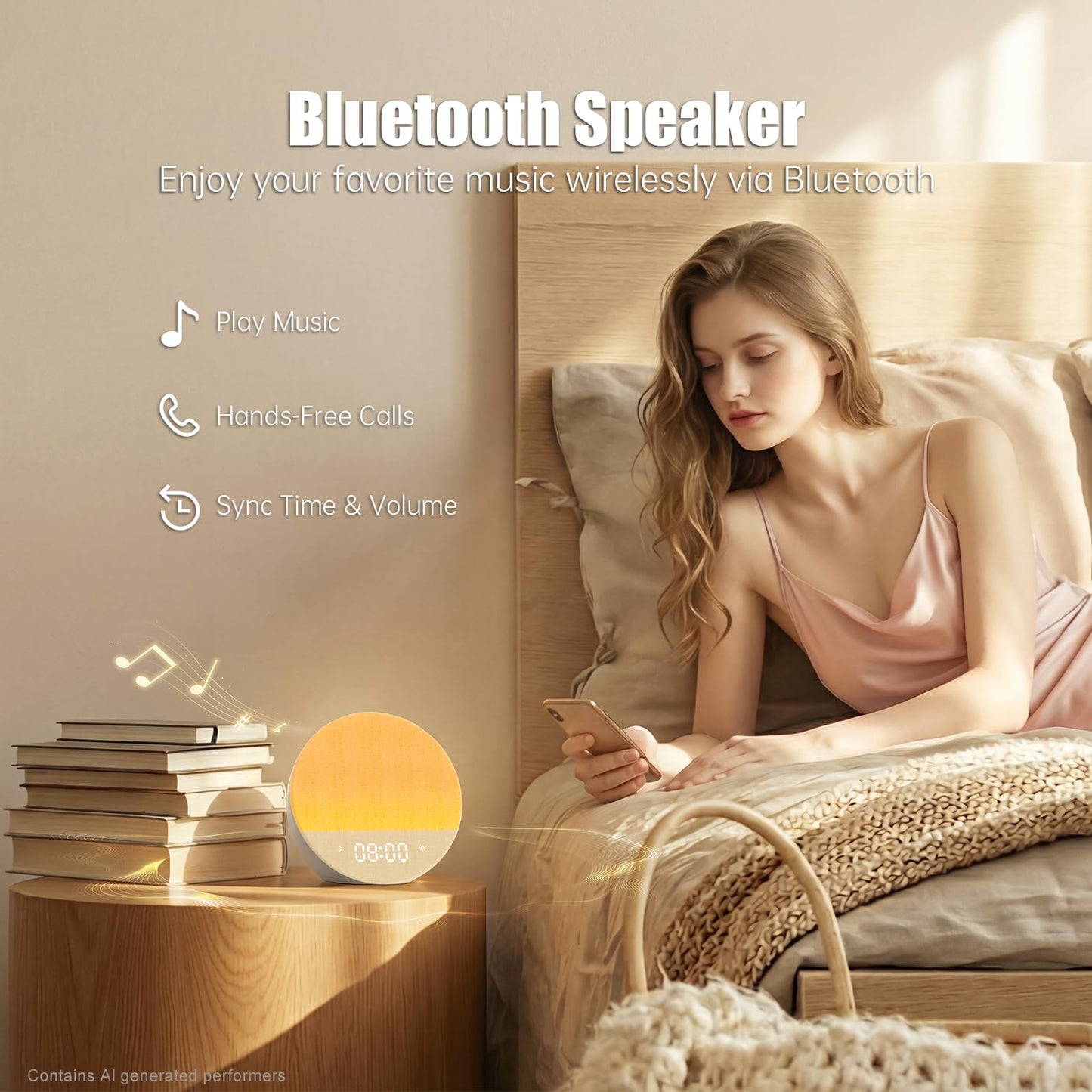 Alarm Clock Sound Machine Sleeping, Sunrise Digital Alarm Clocks Bedrooms, Loud Bluetooth Speaker Alarms Clock 23 White Noise Dual Alarms Snooze 12/24H Night Lights Timer USB Charging Dimmer, White